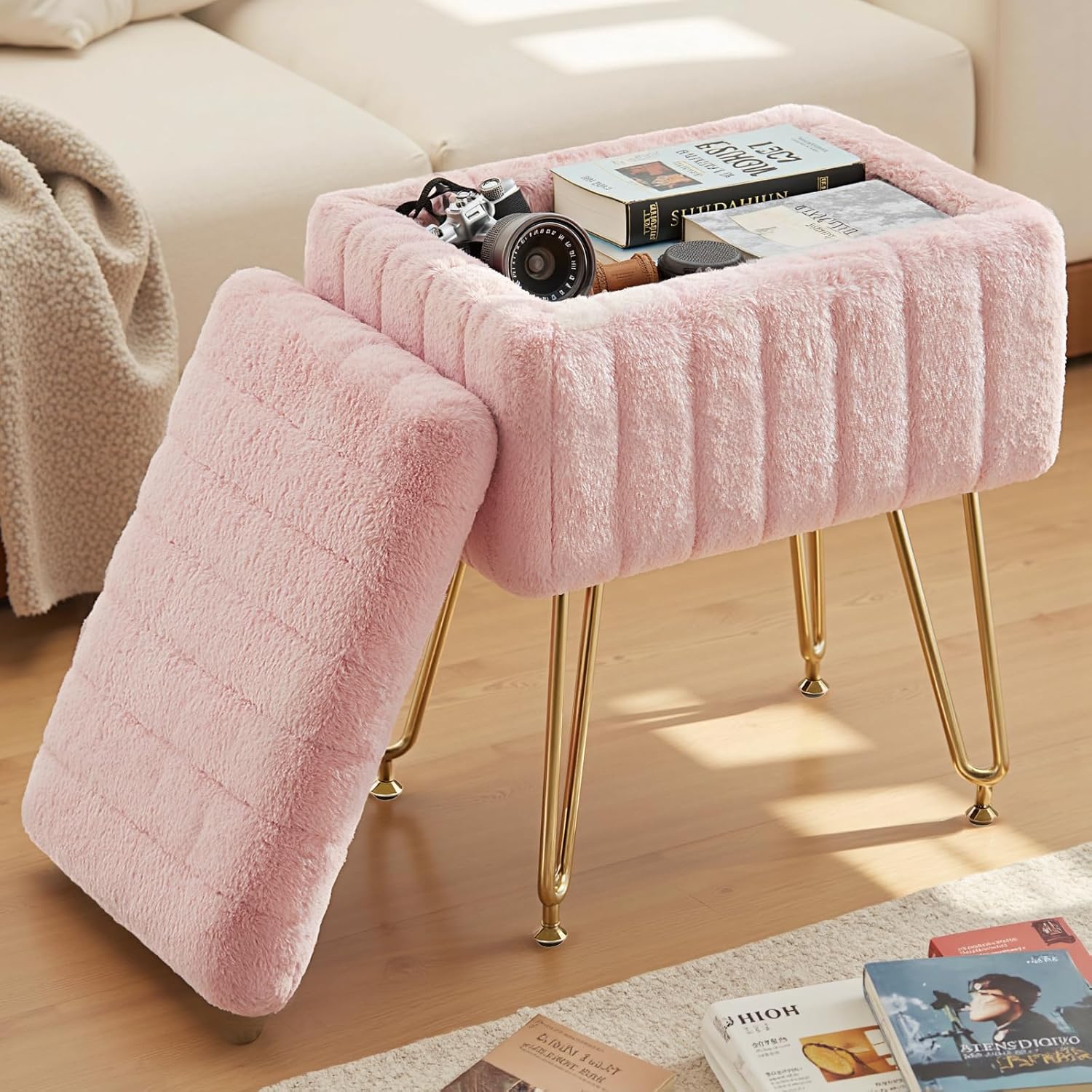 DUMOS Vanity Stool Chair Ottoman with Storage in Pure Pink