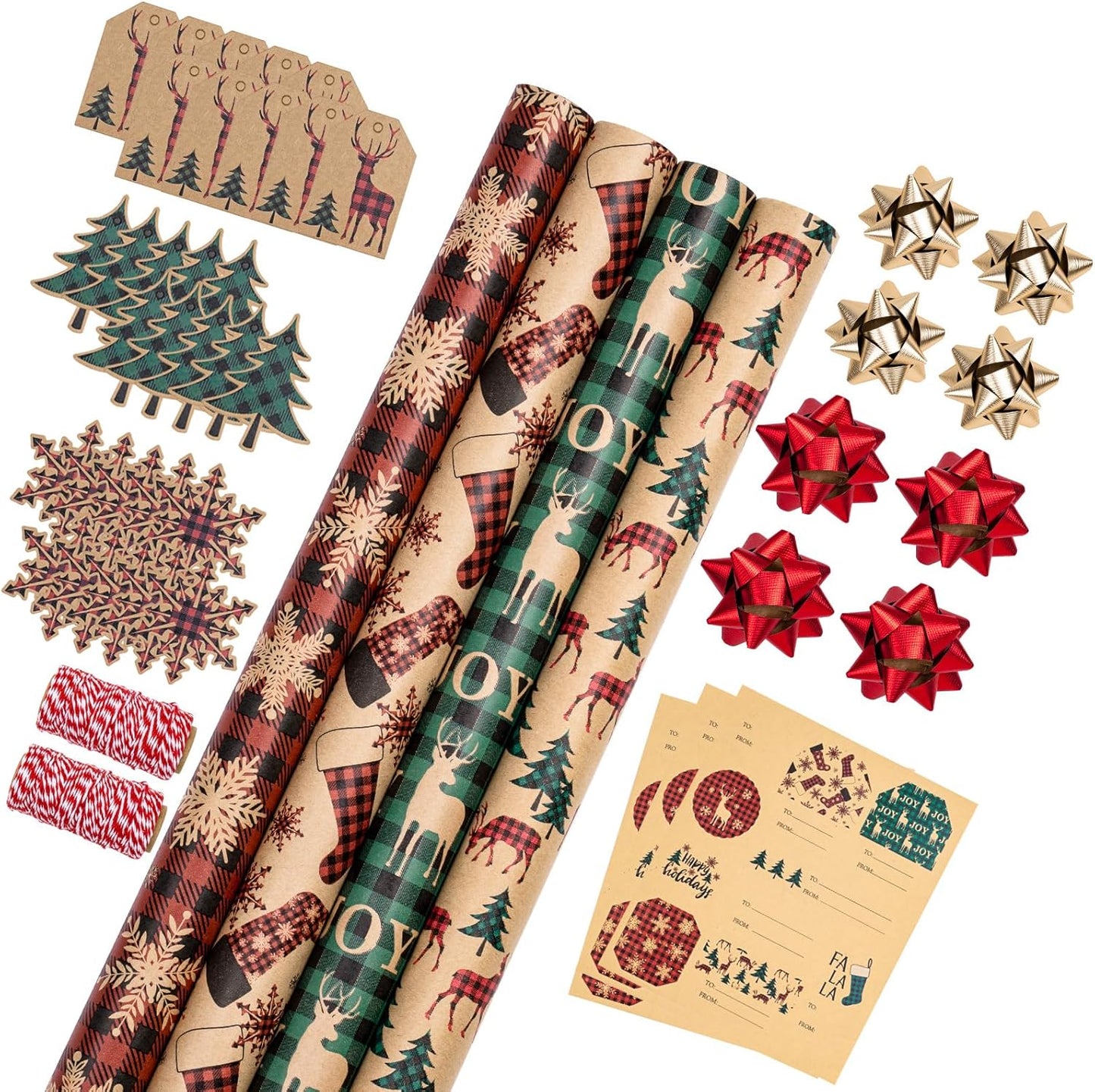 RUSPEPA Christmas Wrapping Paper Rolls with Tags and Bows