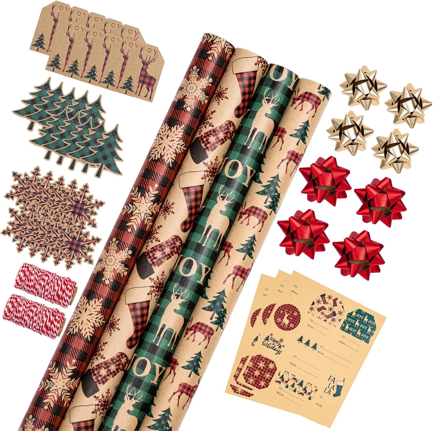 RUSPEPA Christmas Wrapping Paper Rolls with Tags and Bows