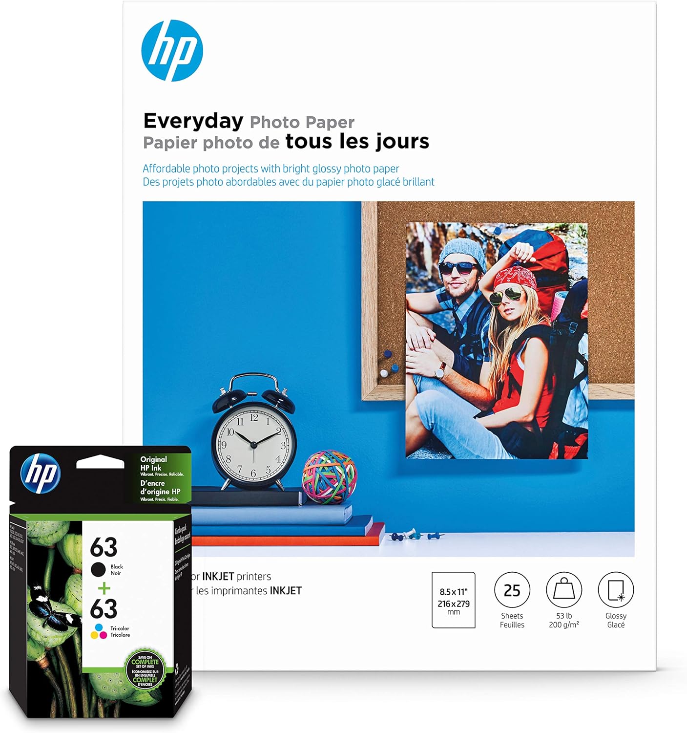 HP 63 Black & Tri-Color Inks with Glossy Photo Paper Bundle