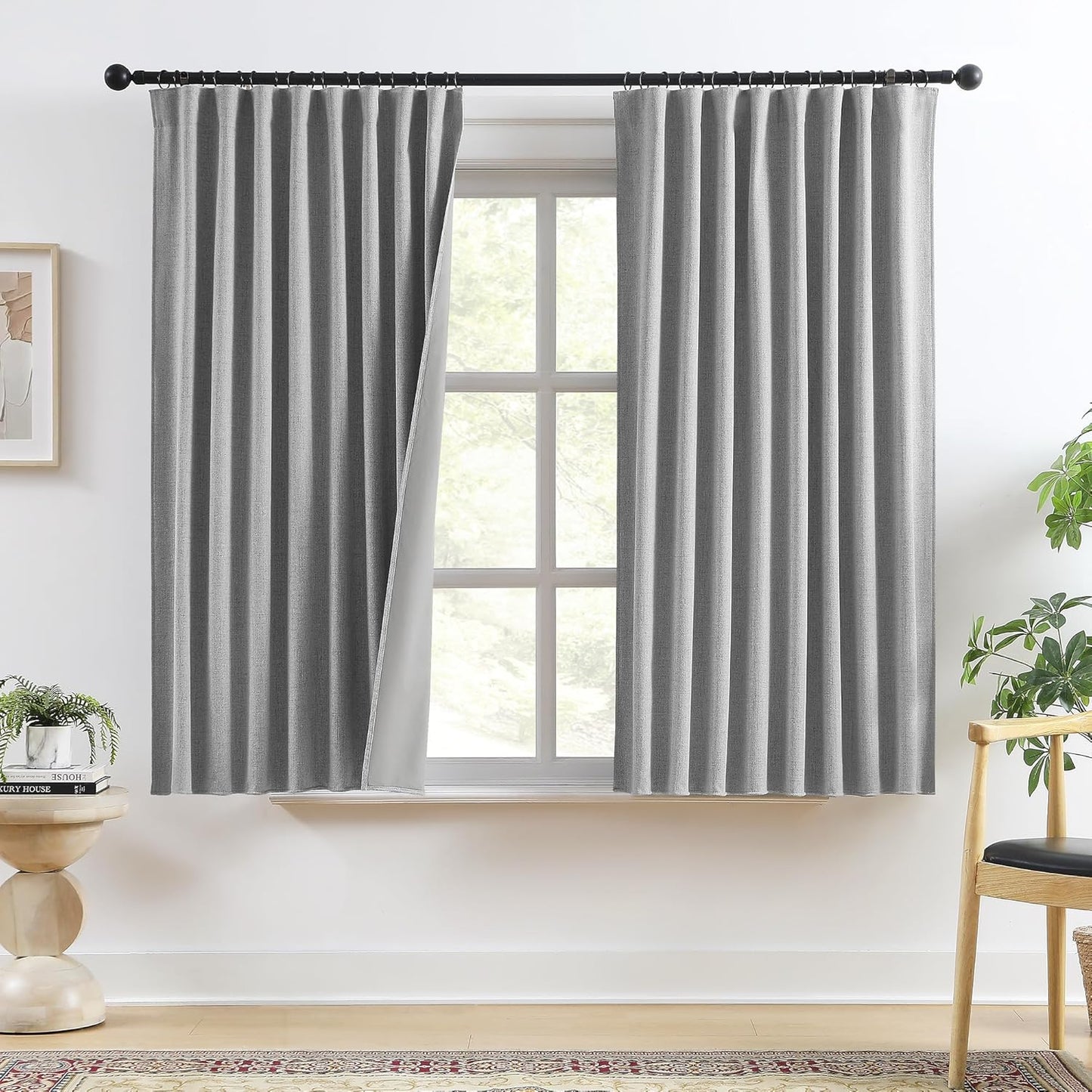 RAIN CITY Grey Linen Blackout Curtains for Bedroom 63 in Long