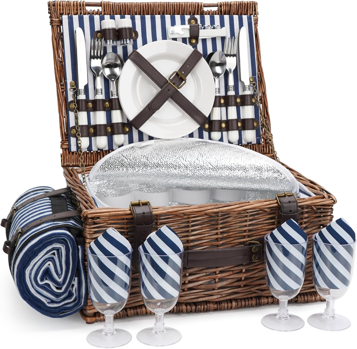 Picnic Basket for 4 with Cooler and Blanket - Perfect for Outings