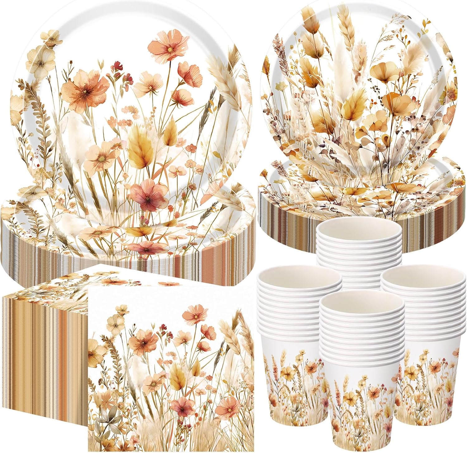 250 Pcs Fall Floral Party Decoration Tableware Set for 50 Guests