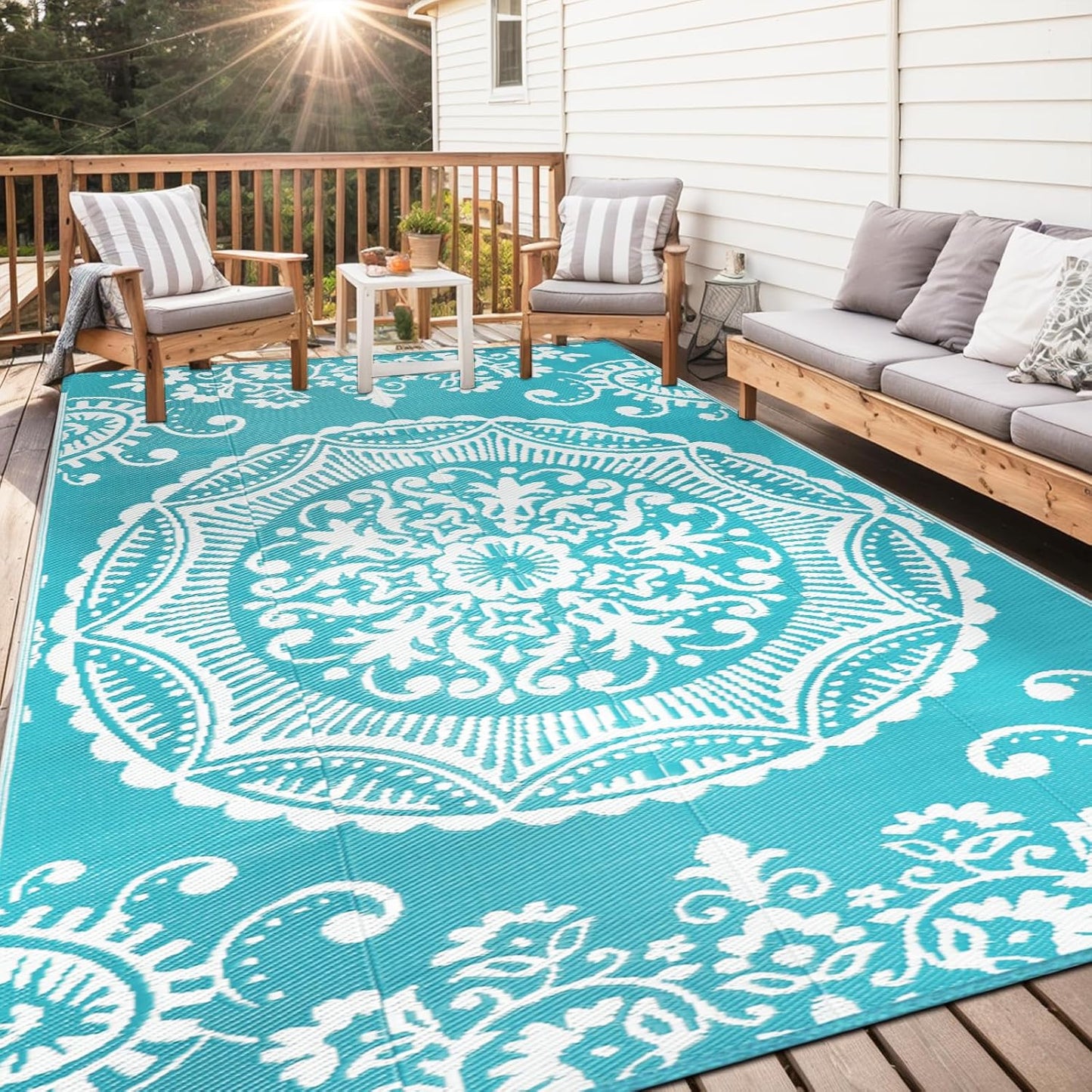 Outdoor Rug 8x10 Waterproof Boho Floral Plastic Straw Carpet
