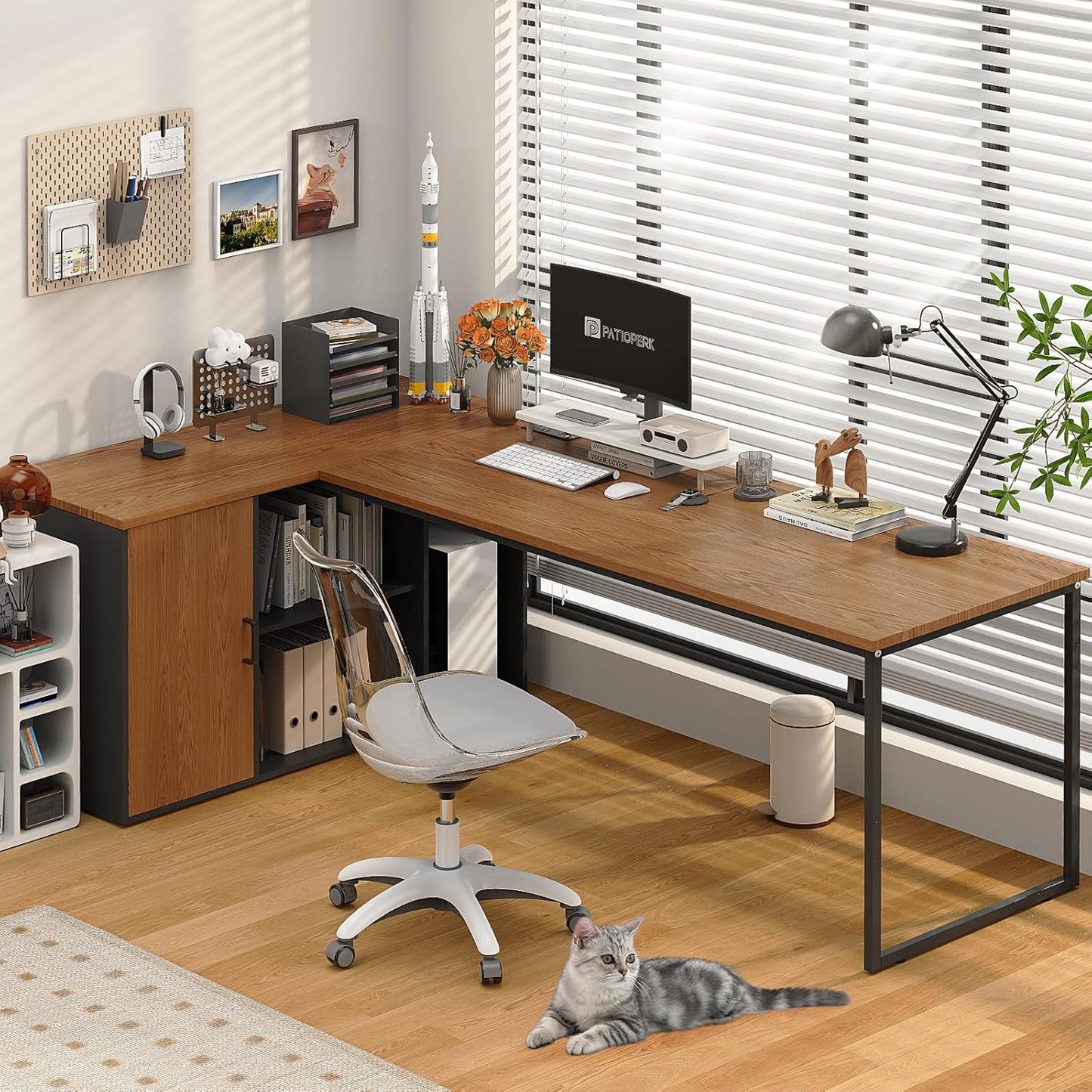 Executive L-Shaped Desk with File Cabinet & Power Outlet