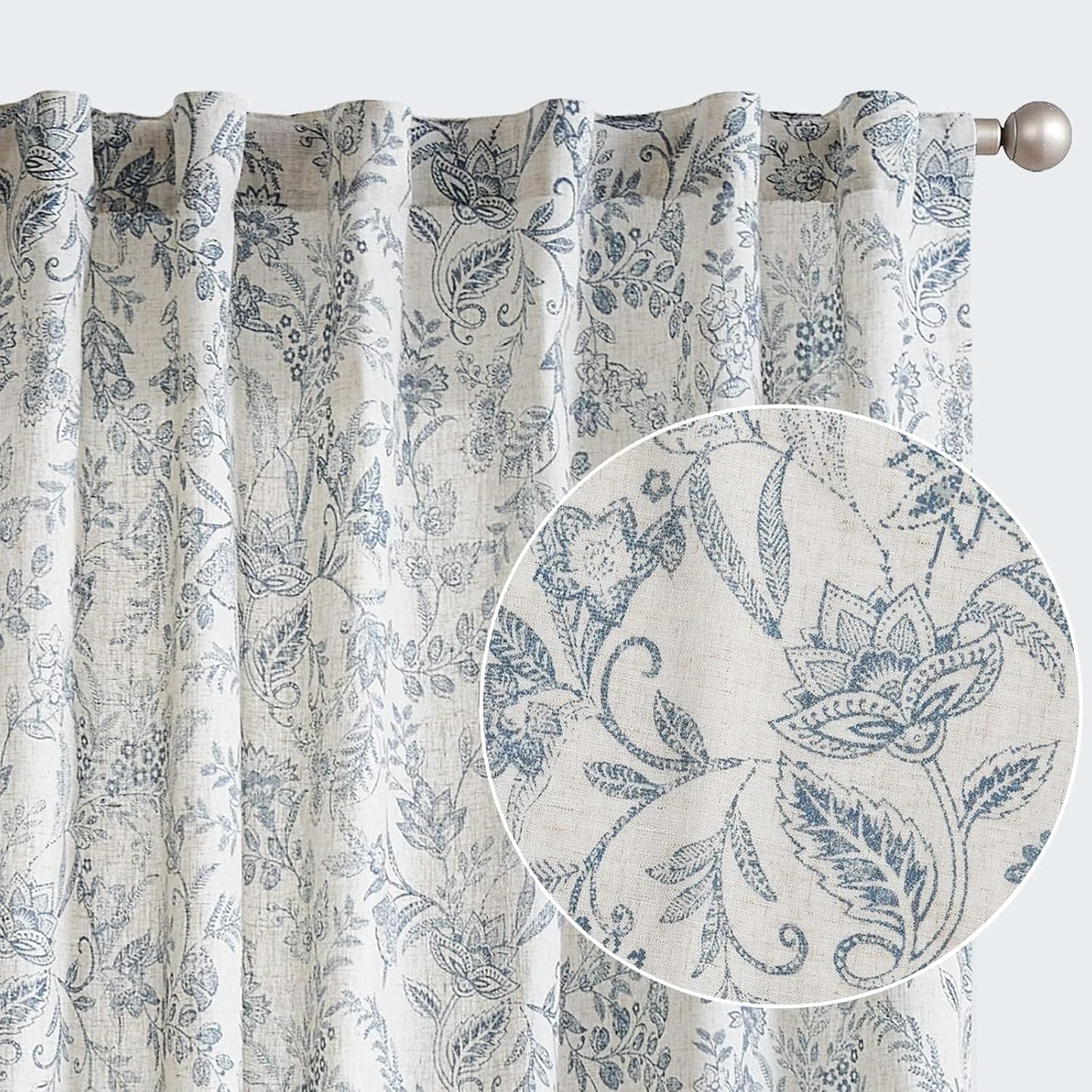 Floral Linen Curtains for Living Room - Blue French Country Style