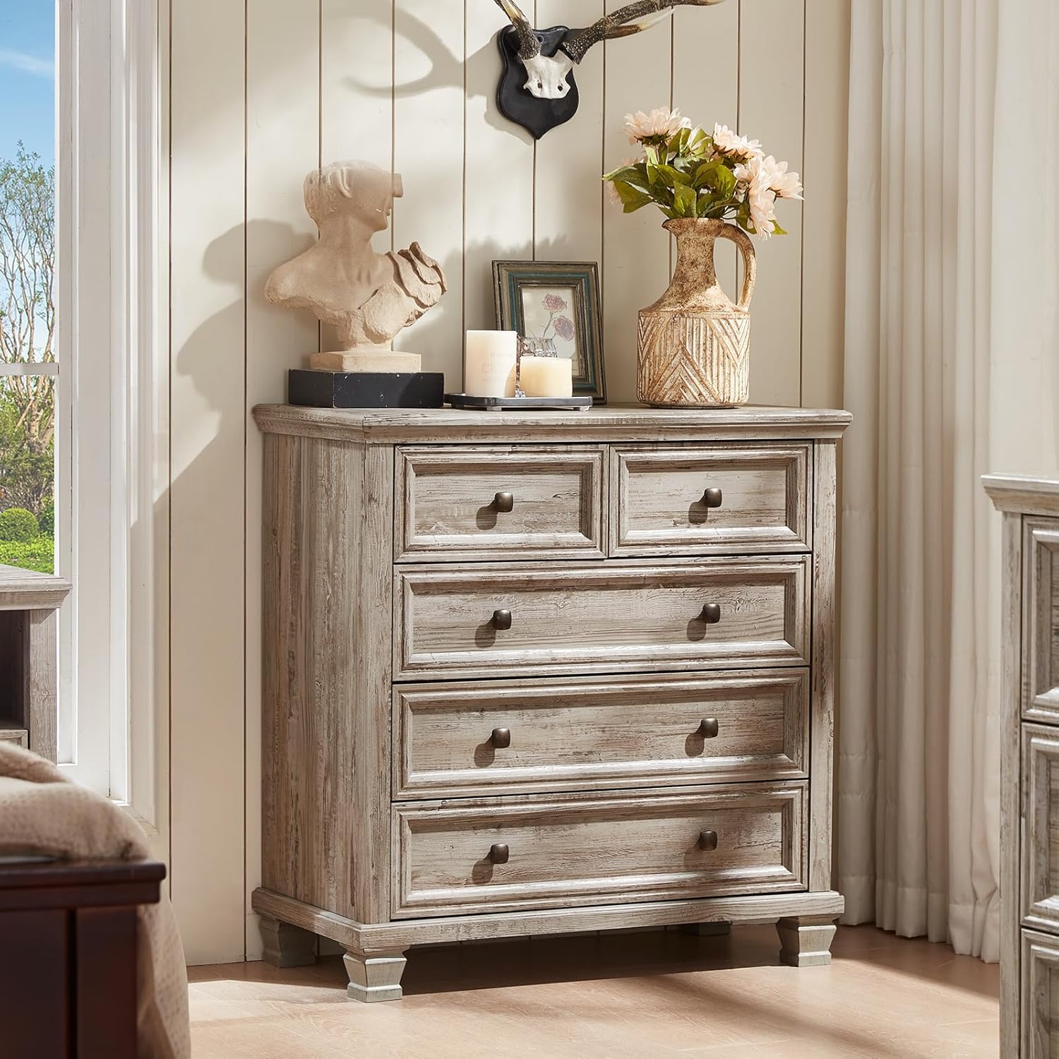 Farmhouse 5 Drawer Dresser for Bedroom, Vintage Wood Chest