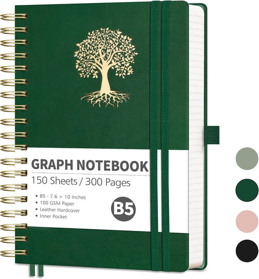 Premium B5 Grid Notebook, 300 Pages, Thick Paper, Leather Cover