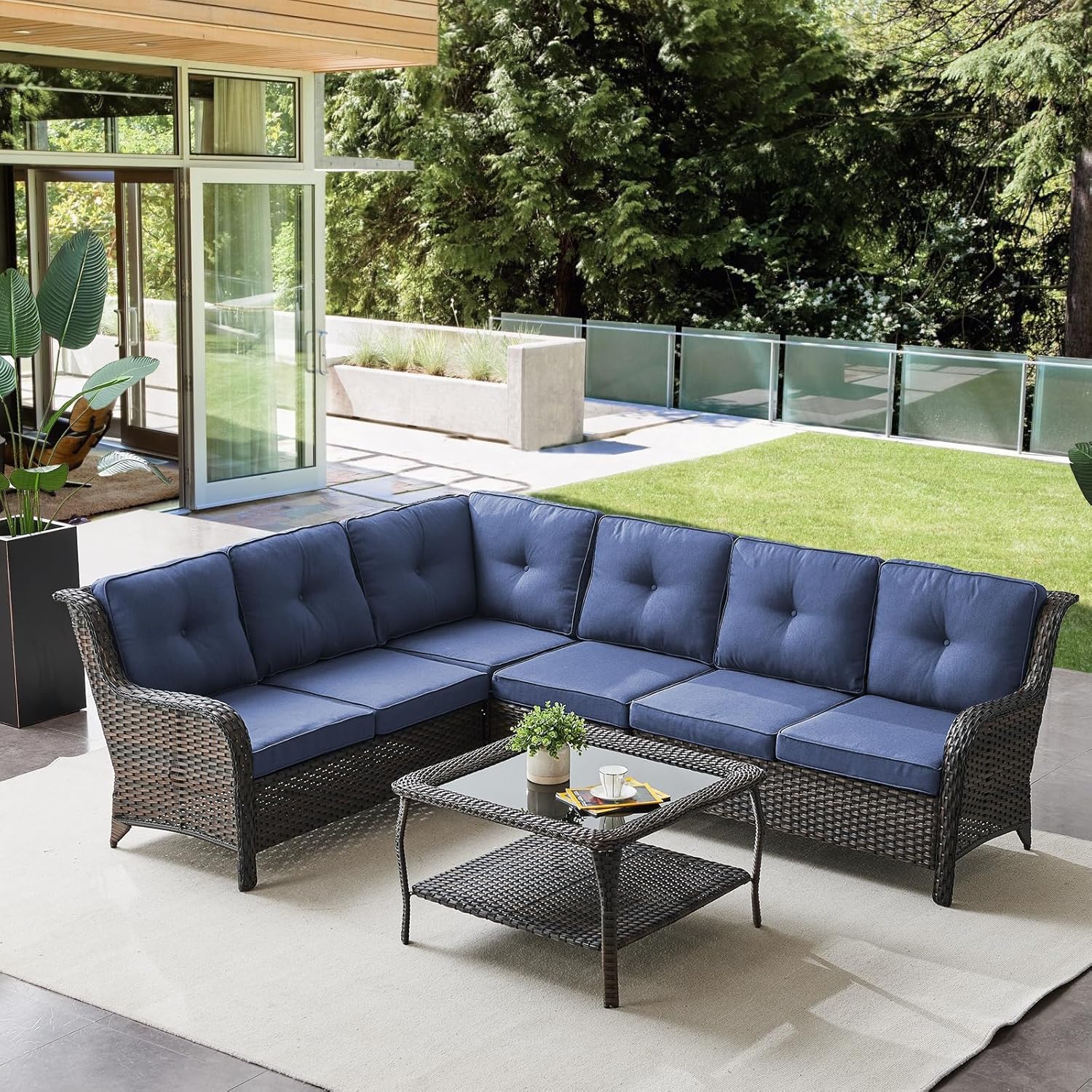 Outdoor Furniture Sectional Sofa Set with Blue Cushions for Comfort