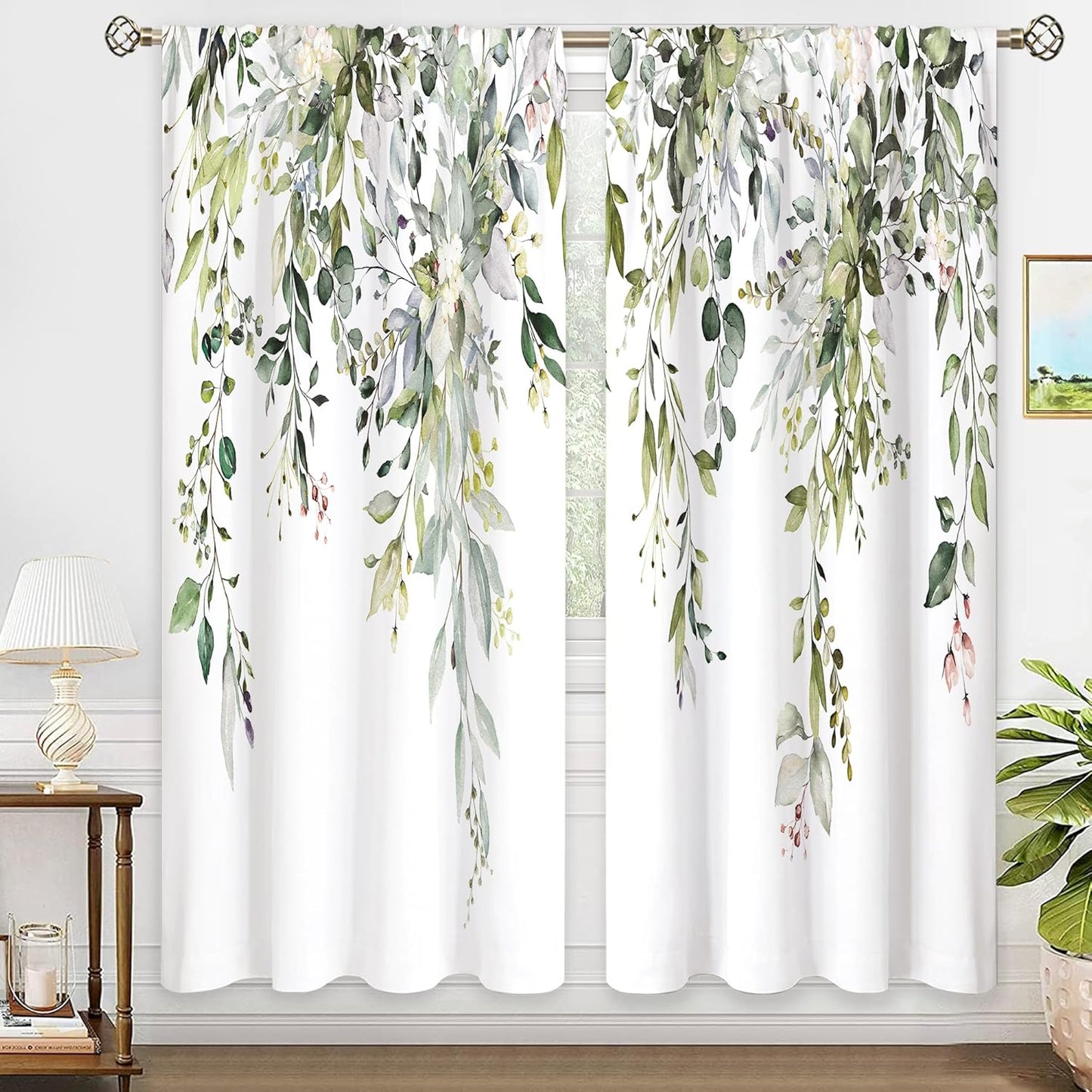 Sage Green Eucalyptus Leaves Window Curtains for Home Decor