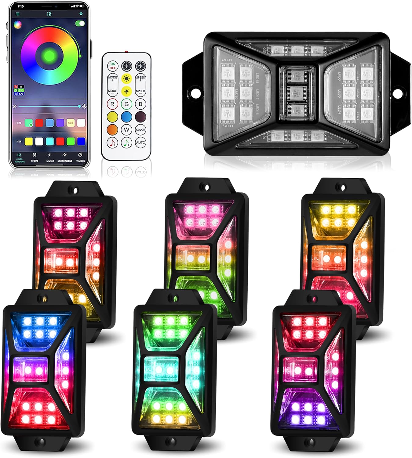 6 Pods Full Angle RGB Rock Lights for Trucks, Jeep, UTV, ATV