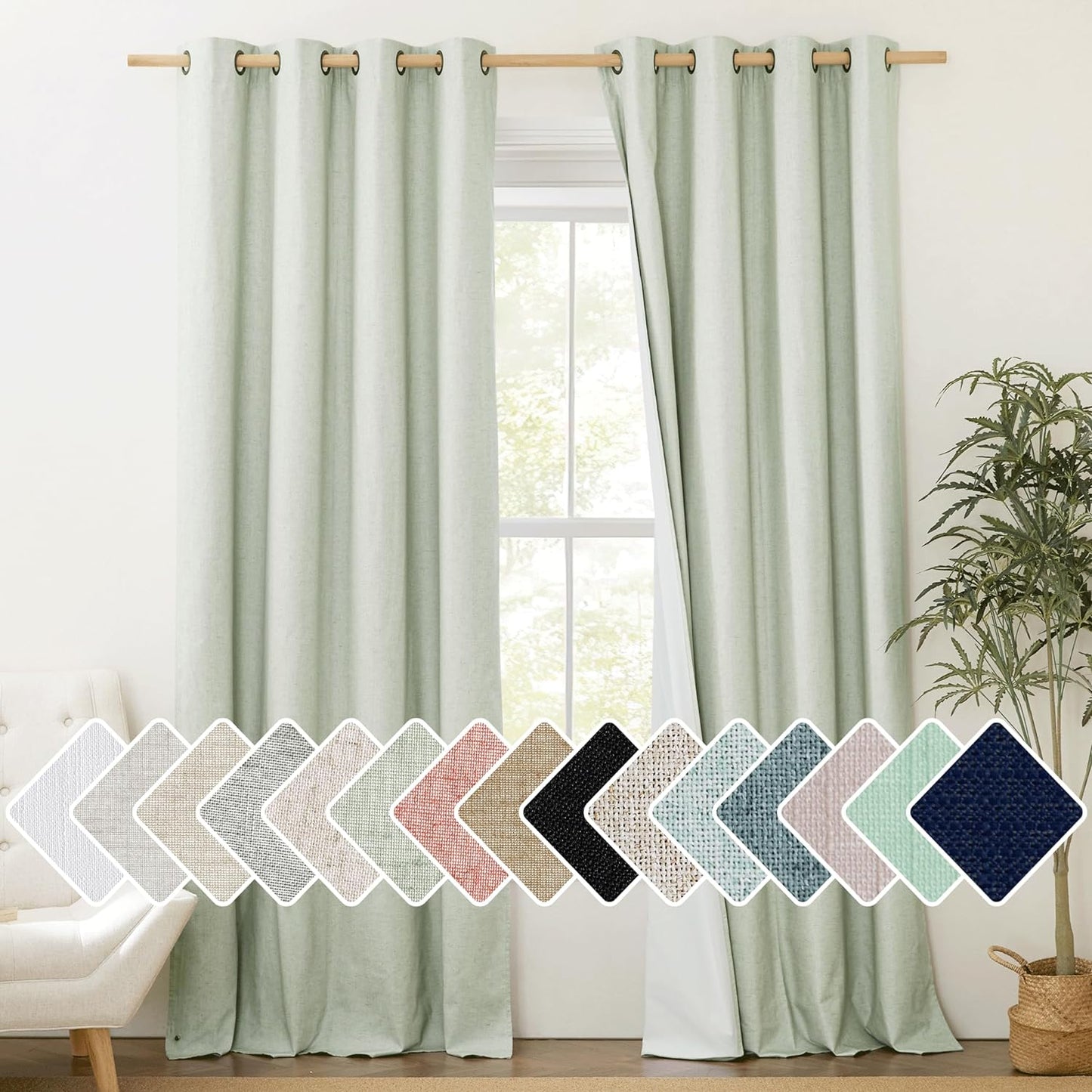 NICETOWN 100% Blackout Sage Green Linen Curtains for Home