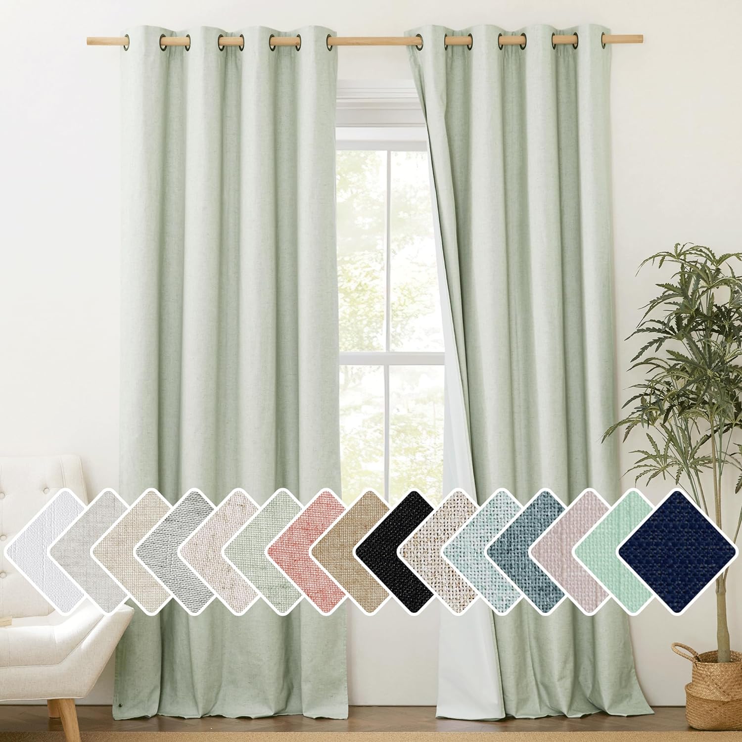 NICETOWN 100% Blackout Sage Green Linen Curtains for Home