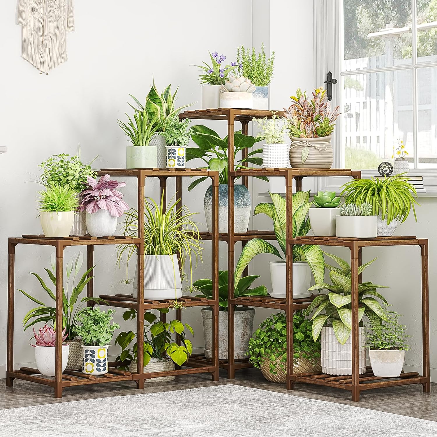 Bamworld Plant Stand Indoor Outdoor Corner Shelf for 11 Pots