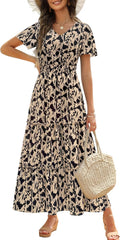 Womens 2025 Long Summer Floral Maxi Dress - Smocked V-Neck