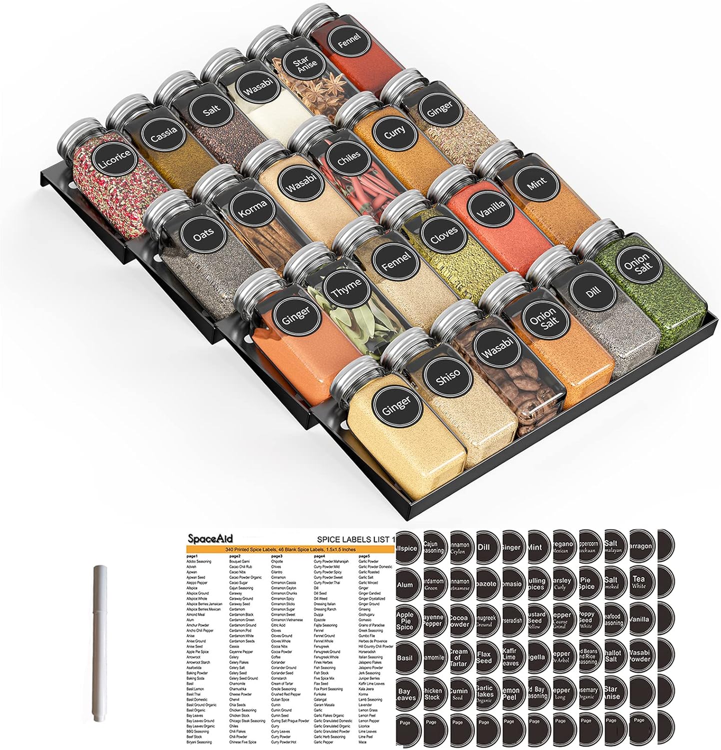 SpaceAid Spice Drawer Organizer with 24 Jars and Labels Set