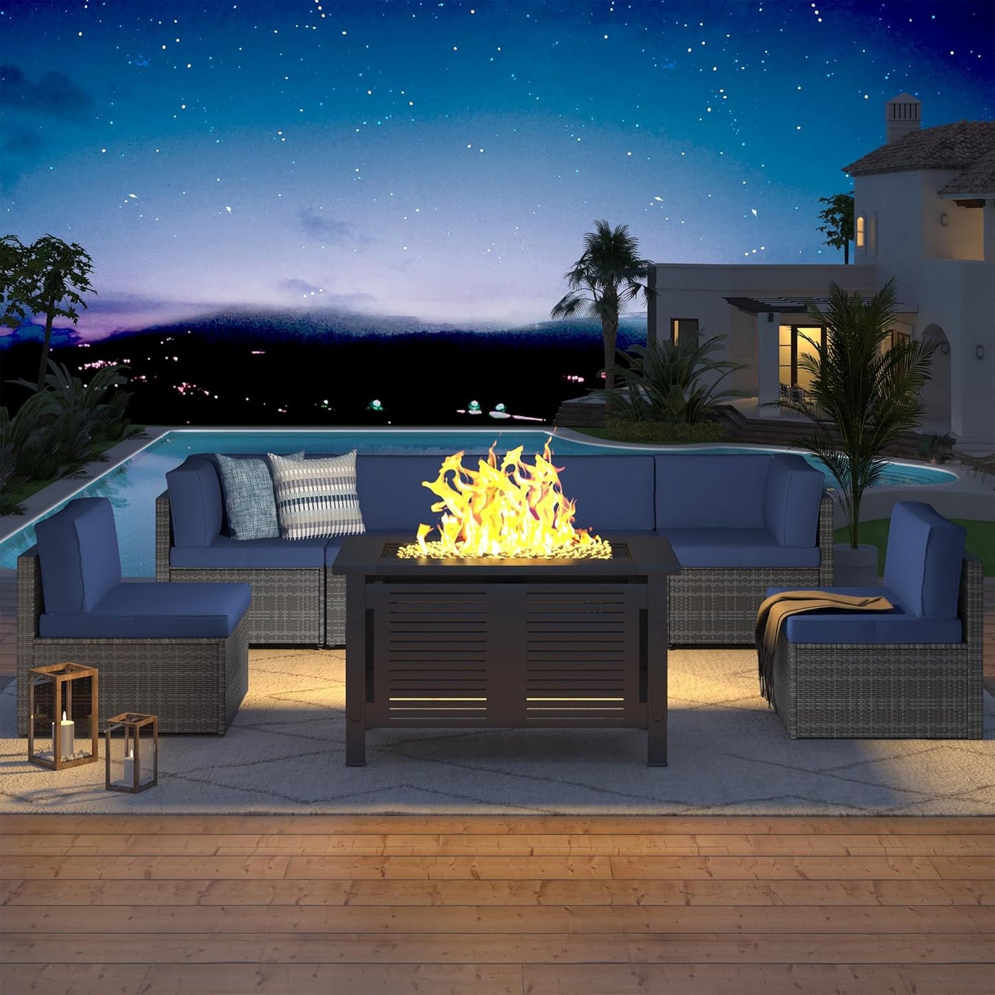 U-MAX 7 Piece Outdoor Patio Furniture Set with Fire Pit Table