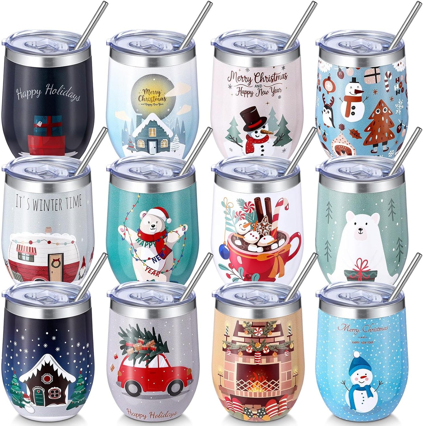 12 Pack Christmas Tumbler Bulk with Lid and Straw Brush Set