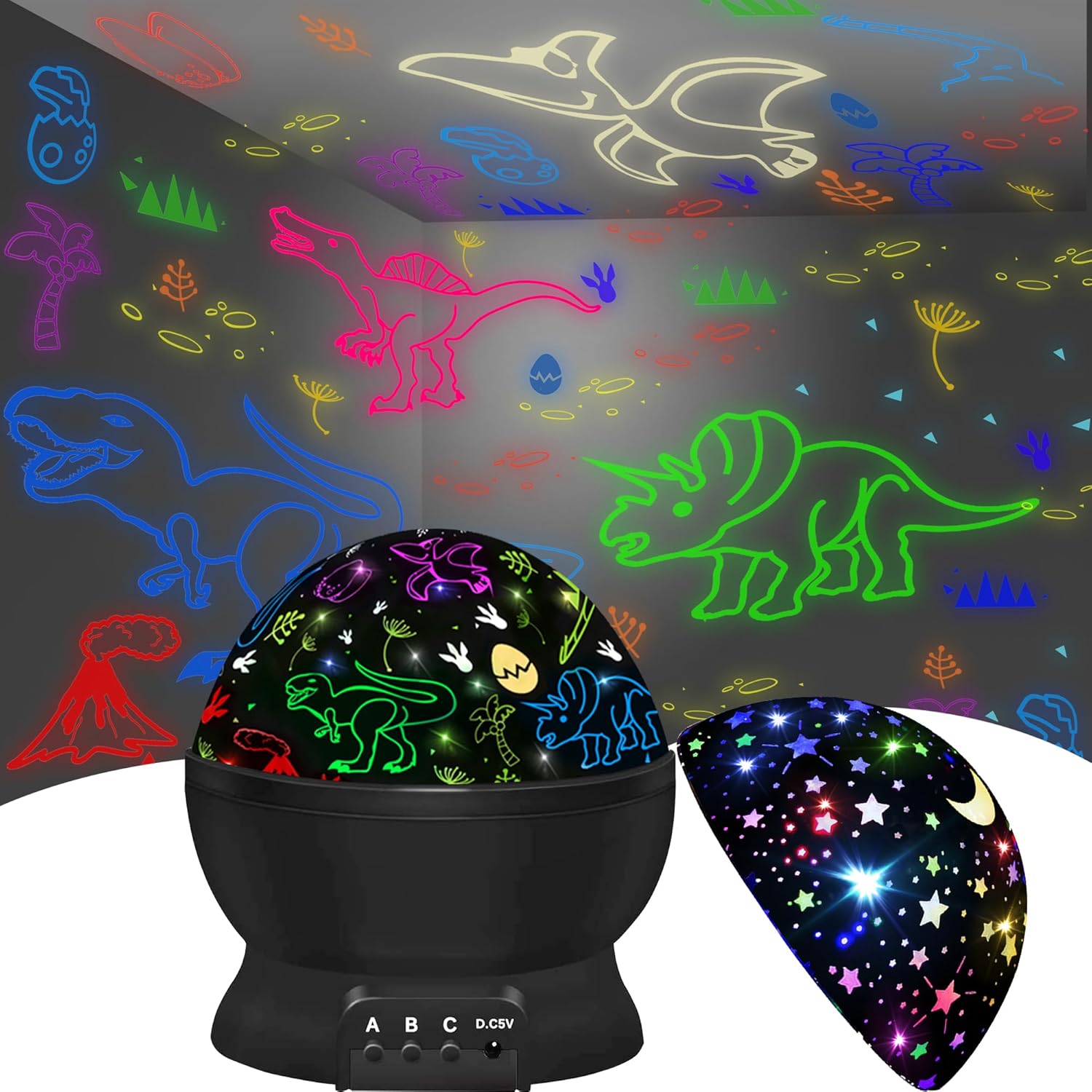 HONGID Dinosaur Night Light - 16 Colors + Star Projector