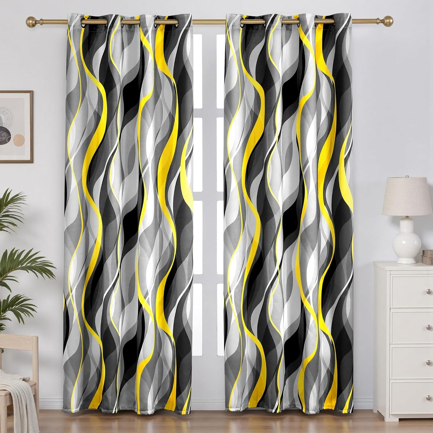 Modern Striped Yellow and Grey Curtains for Living Room Decor