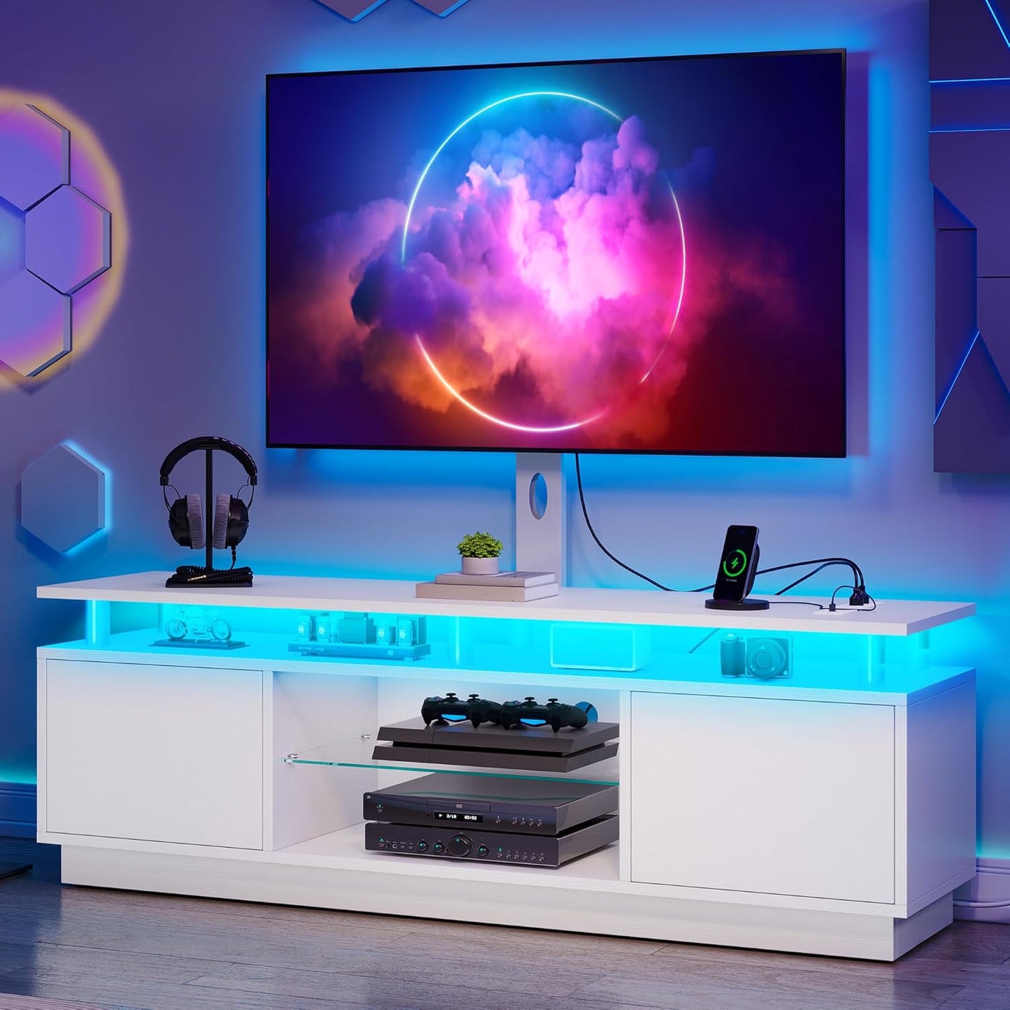 YITAHOME Adjustable TV Stand - Built-in Power & LED, Storage Console, White