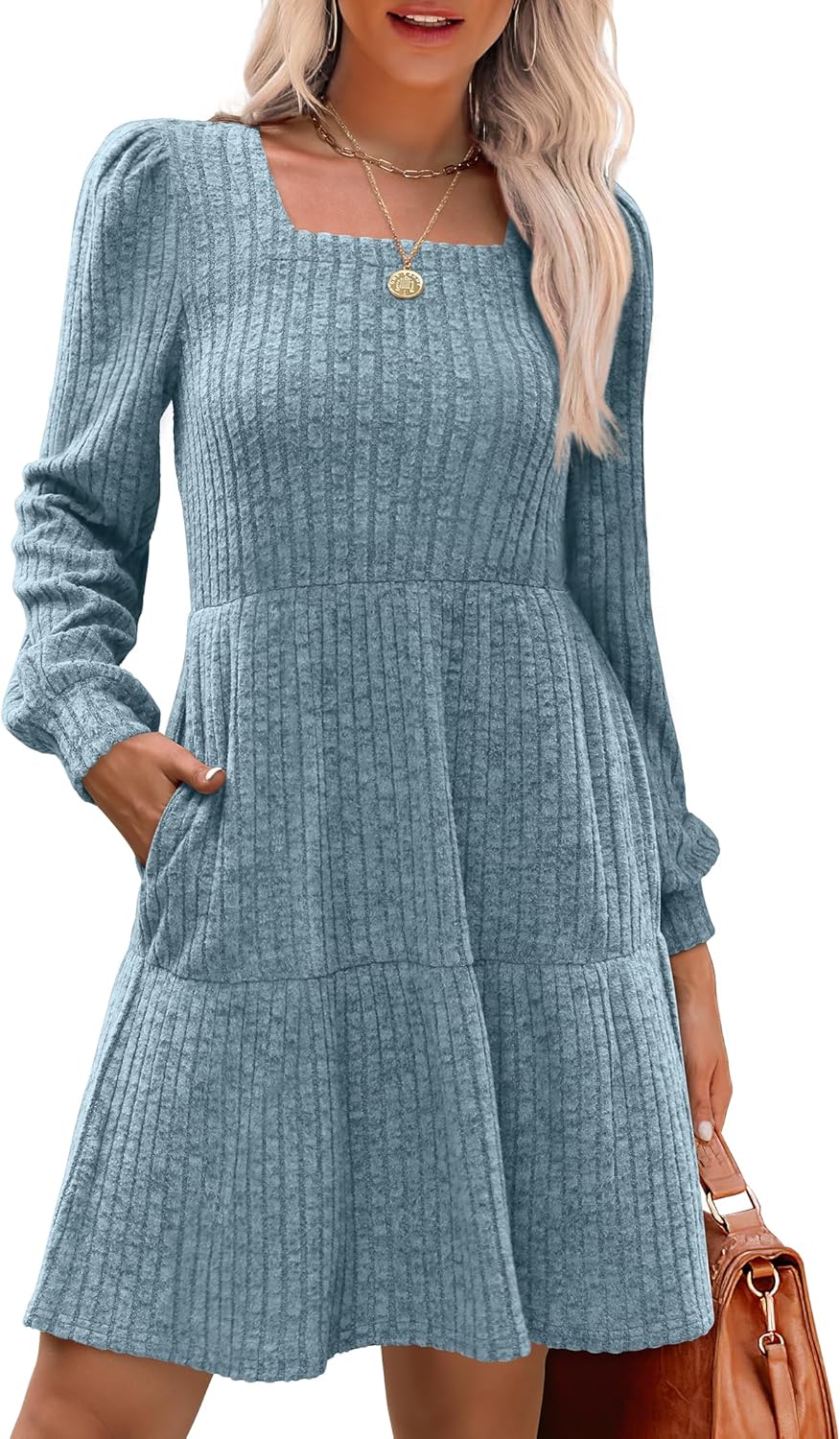 Stylish Womens Square Neck Long Sleeve Fall Dresses for Comfort