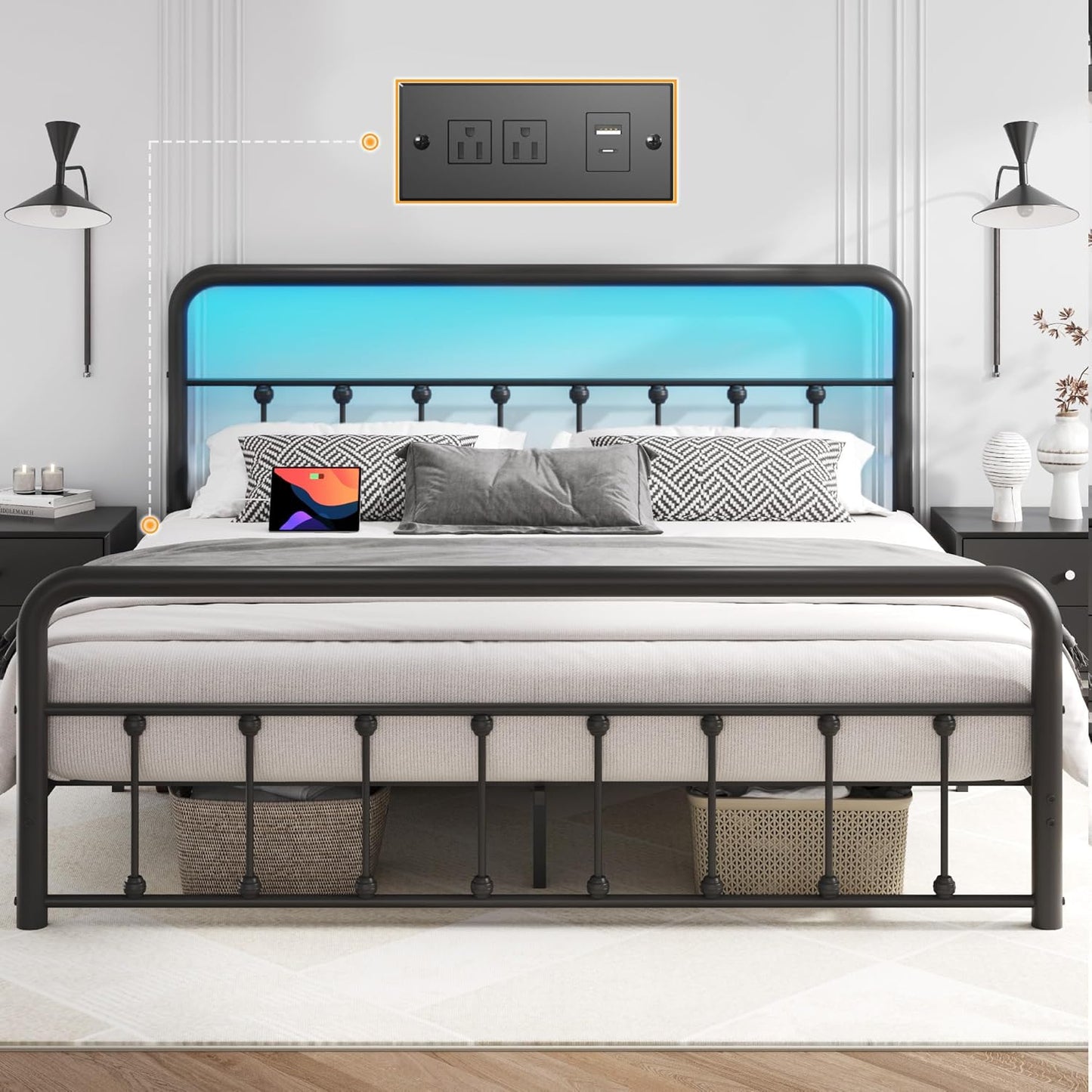 14 Inch Queen Bed Frame with Charging Station & LED Lights