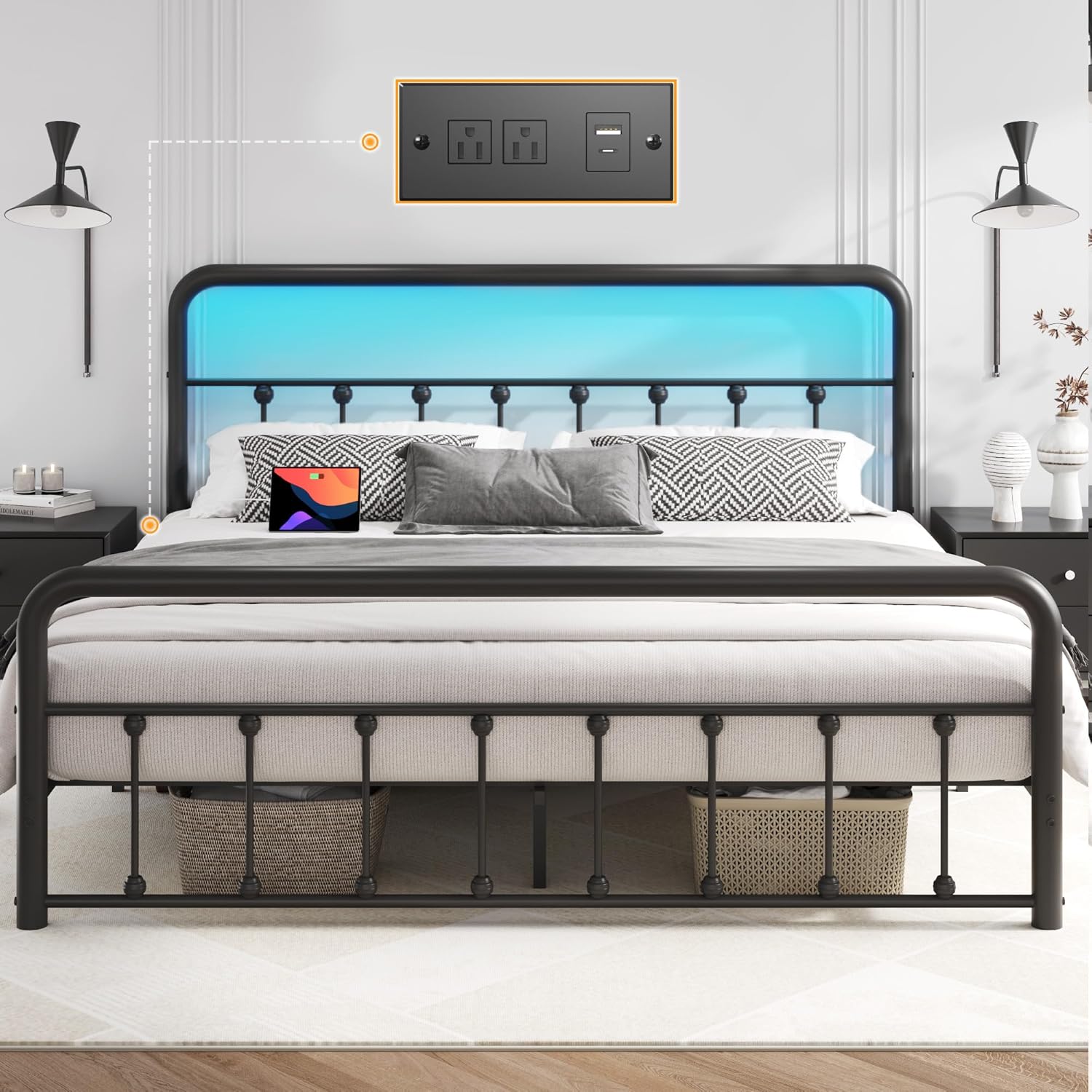 14 Inch Queen Bed Frame with Charging Station & LED Lights