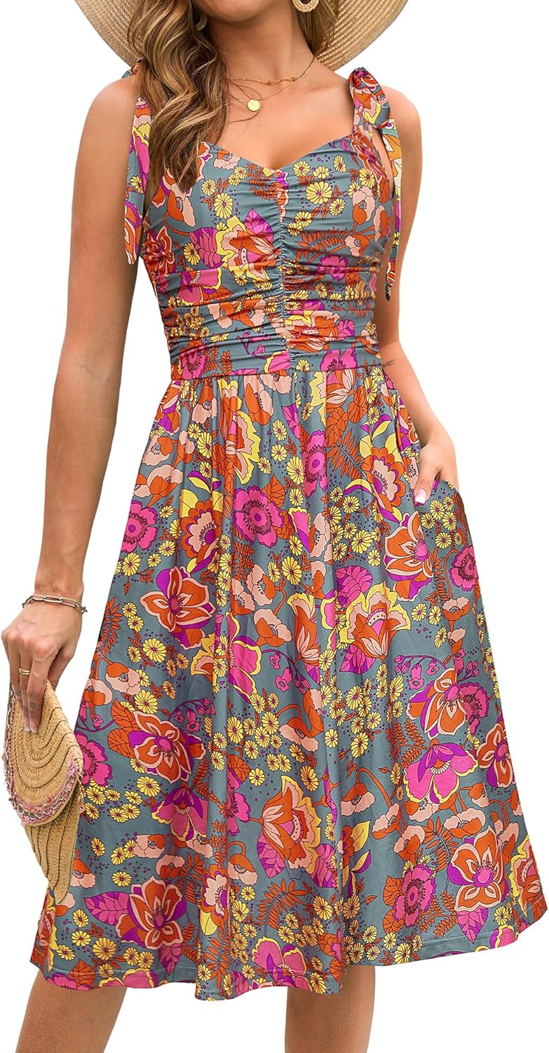 Kranda Women Summer Fall Ruched Midi Dress with Pockets
