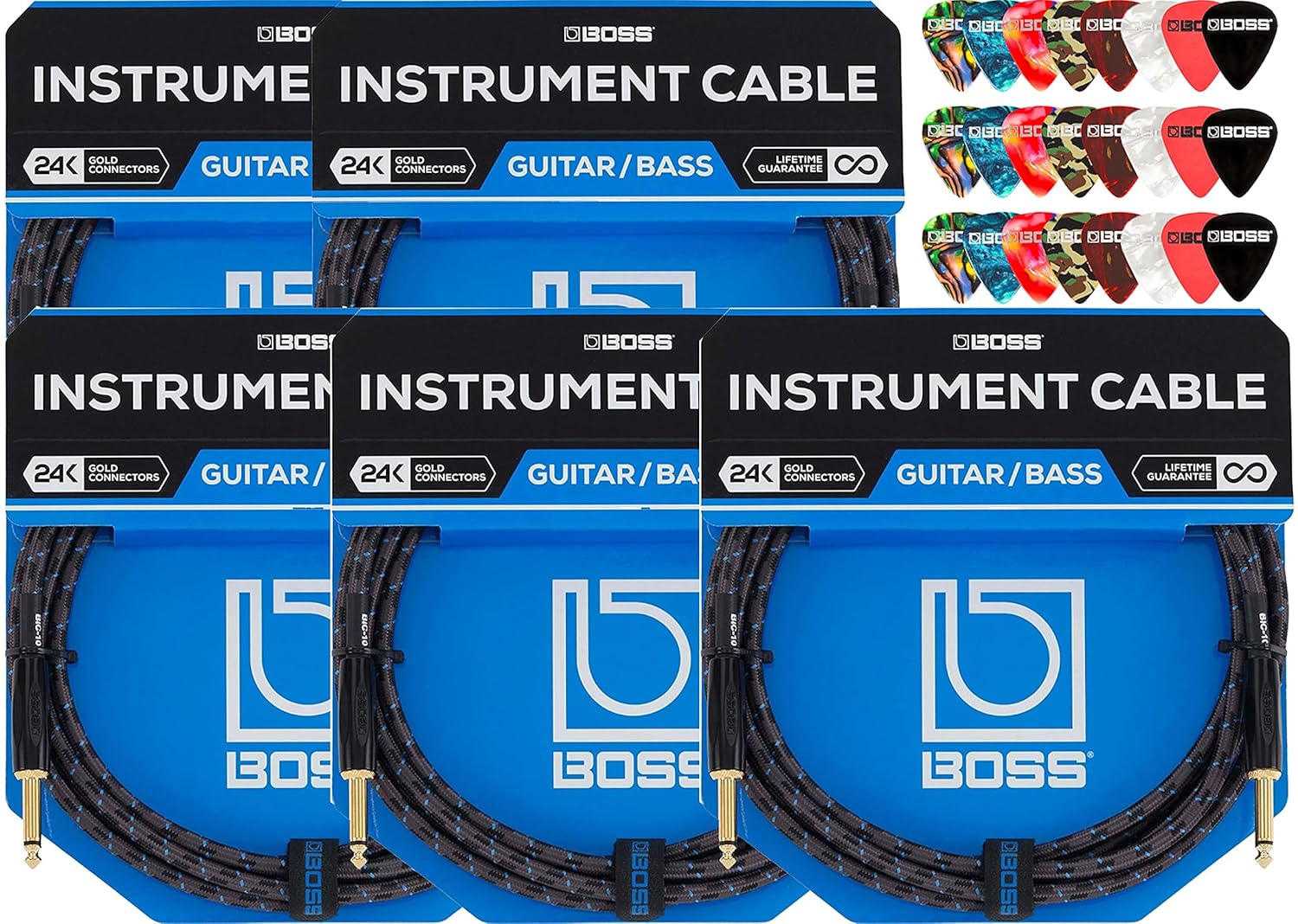 BOSS BIC-10 10-Foot Instrument Cable Bundle with Picks - 5 Pack