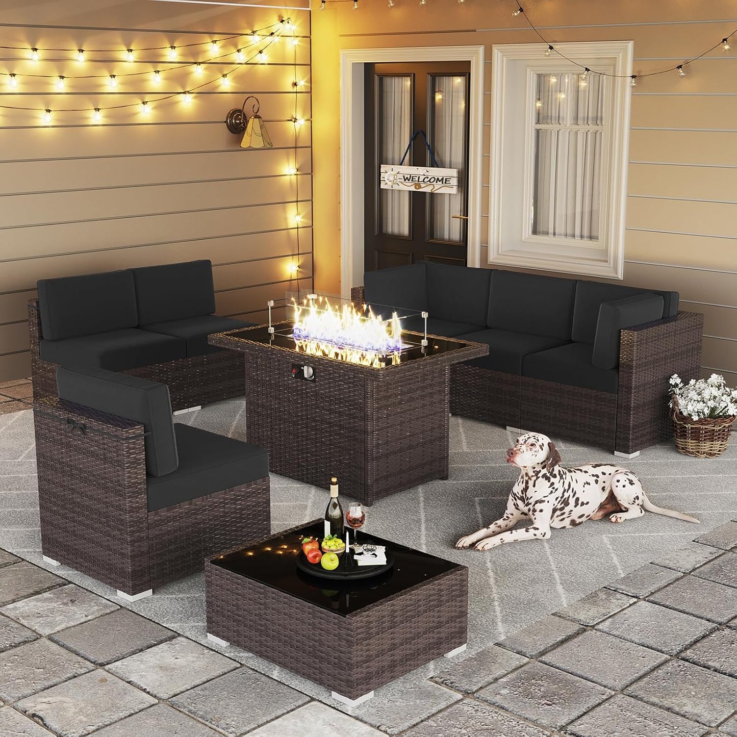 LayinSun 8 Piece Patio Furniture Set with Fire Pit Table