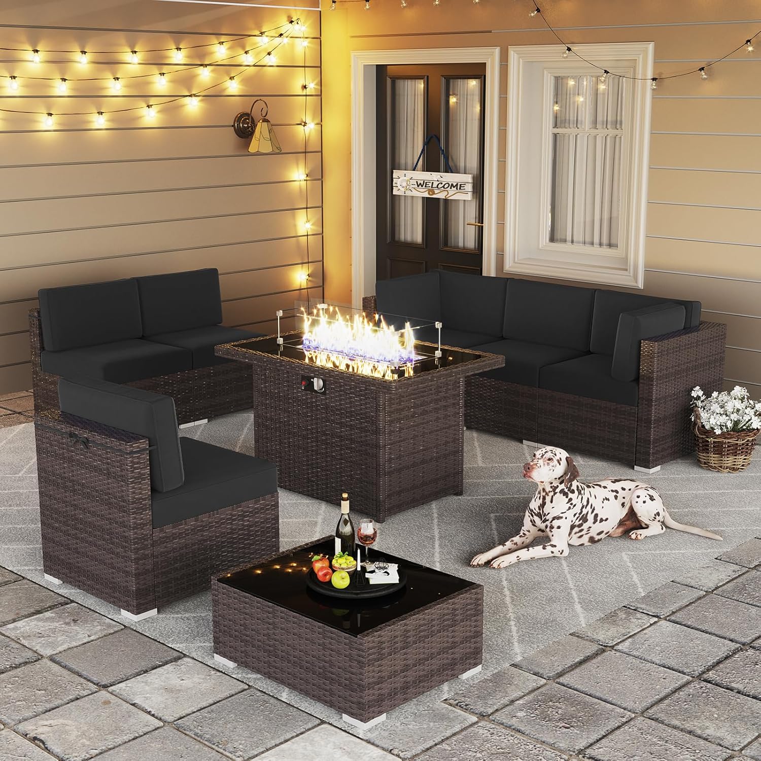 LayinSun 8 Piece Patio Furniture Set with Fire Pit Table