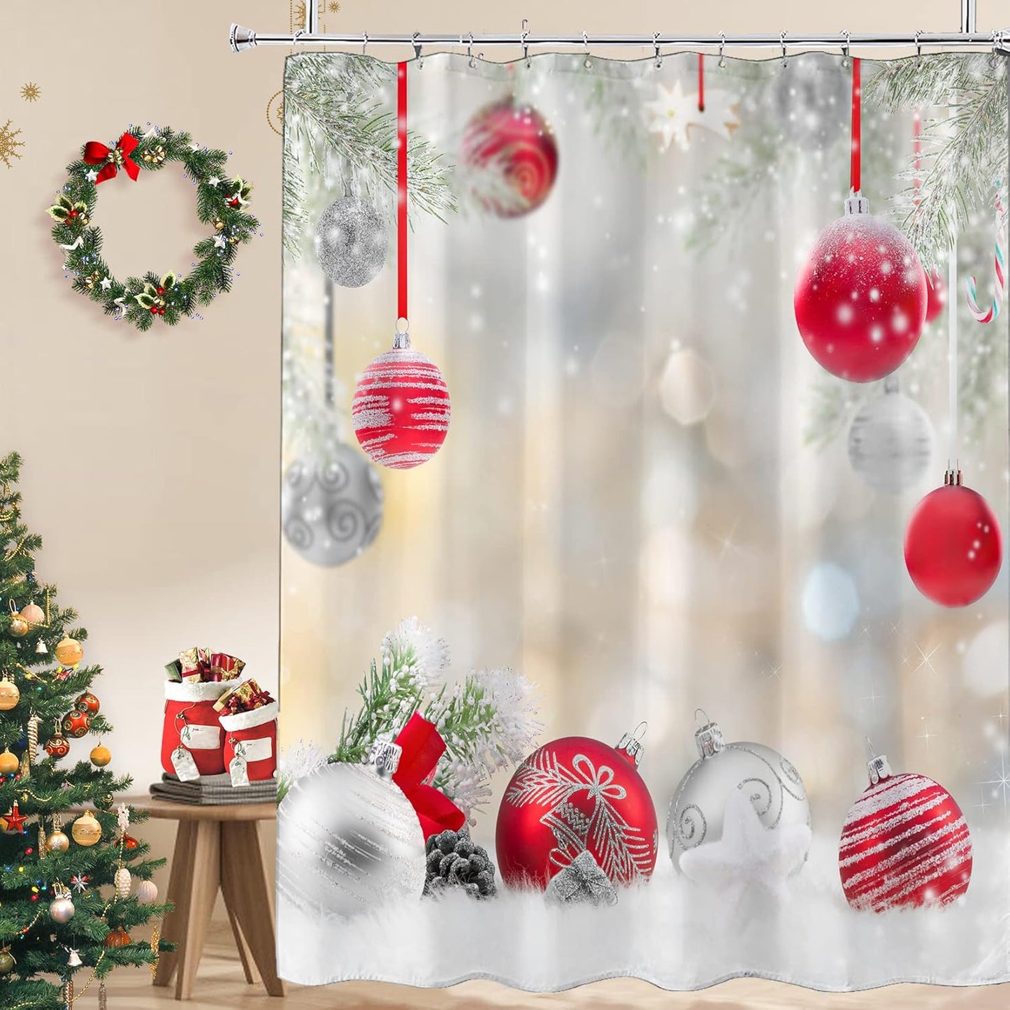 Christmas Vacation Shower Curtain Set - Festive Xmas Theme, 72x72 Inch