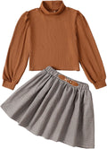 Girls Skirt Sets 2 Piece Outfits Puff Long Sleeve Tops and Plaid Shoes
