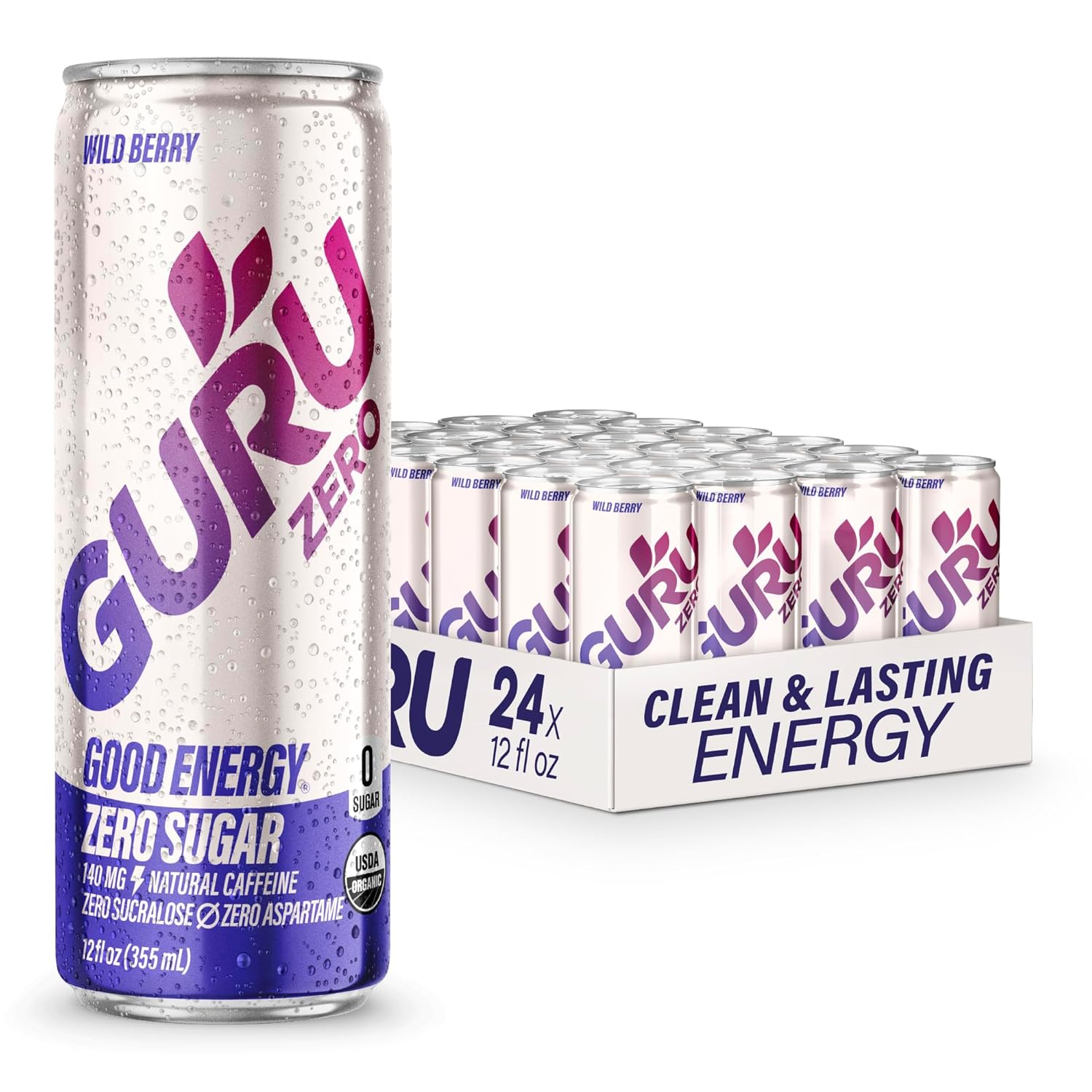 GURU Zero Sugar Wild Berry Organic Energy Drink - 24 Pack