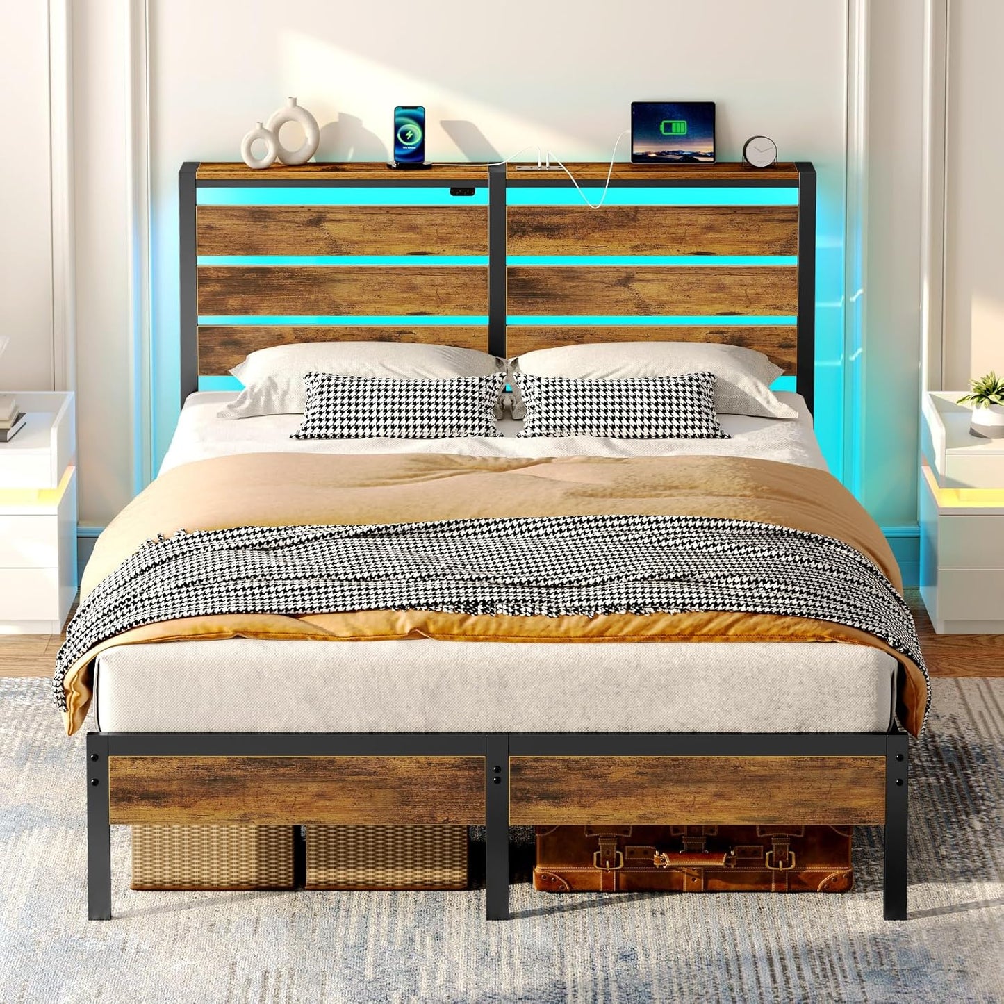 Rolanstar Full Size Bed Frame with USB Charging and LED Lights
