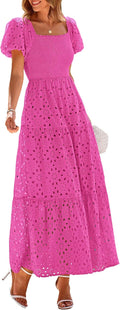 Eyelet Square Neck Puff Sleeve Smocked Maxi Dress for Women - 2025