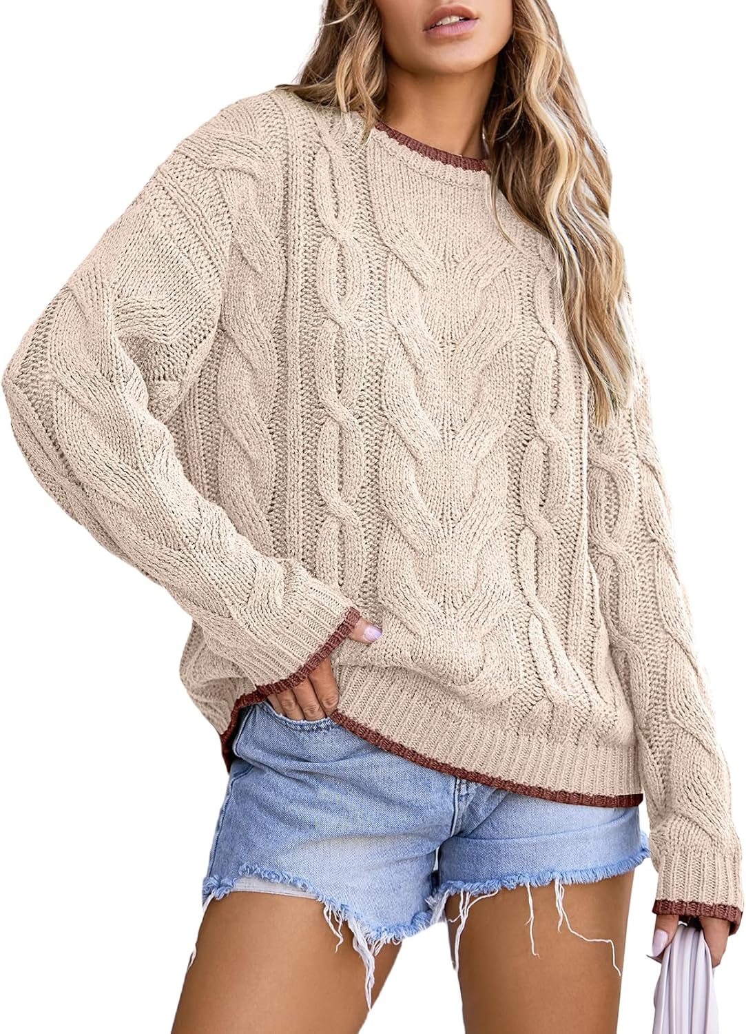 Trendy Crewneck Long Sleeve Color Block Sweater for Women