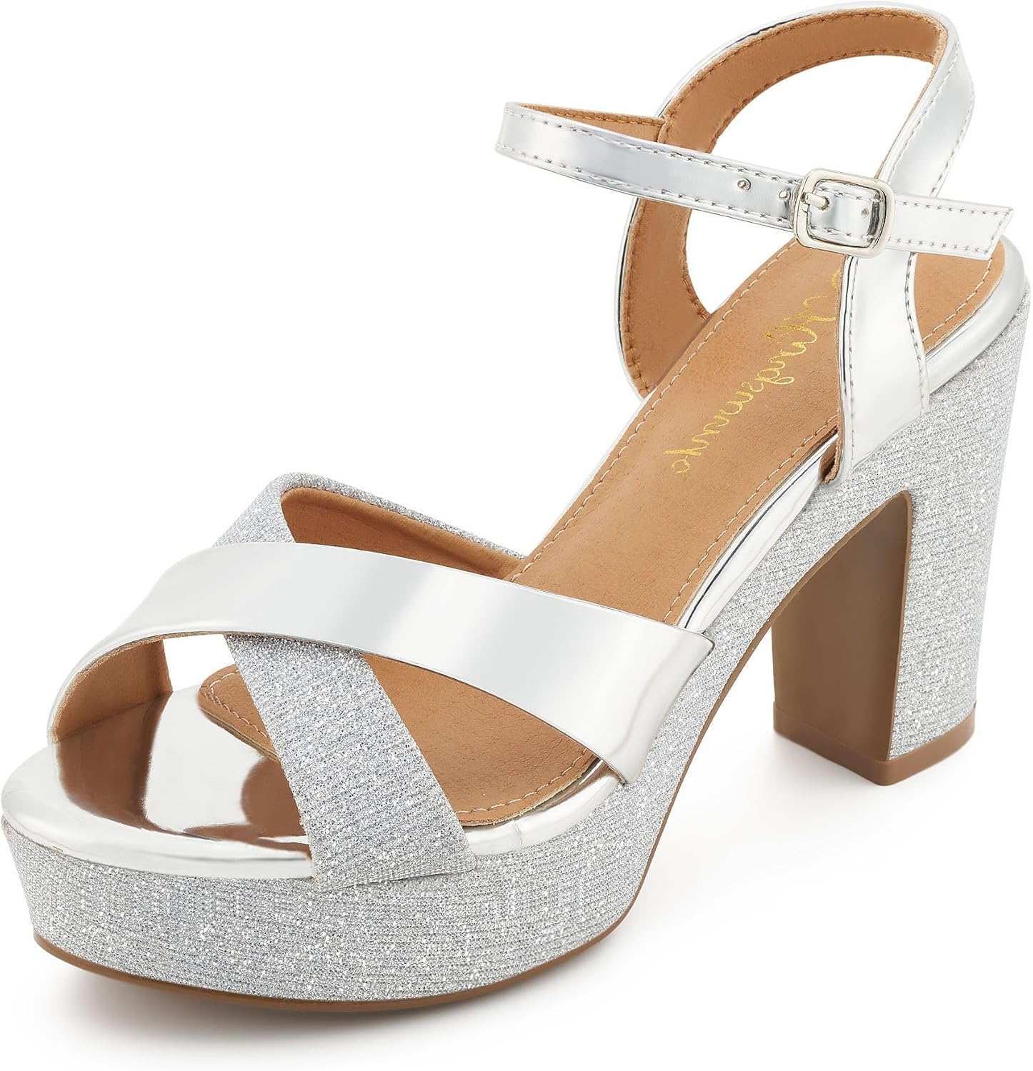 Womens Sparkly Platform Dress Sandals with Chunky Block Heel