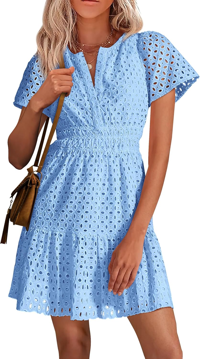 PRETTYGARDEN Womens Summer Short Dress V Neck Ruffle Casual