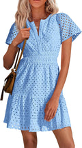 Womens Hollow Out Lace Summer Short Dress - Cotton V Neck