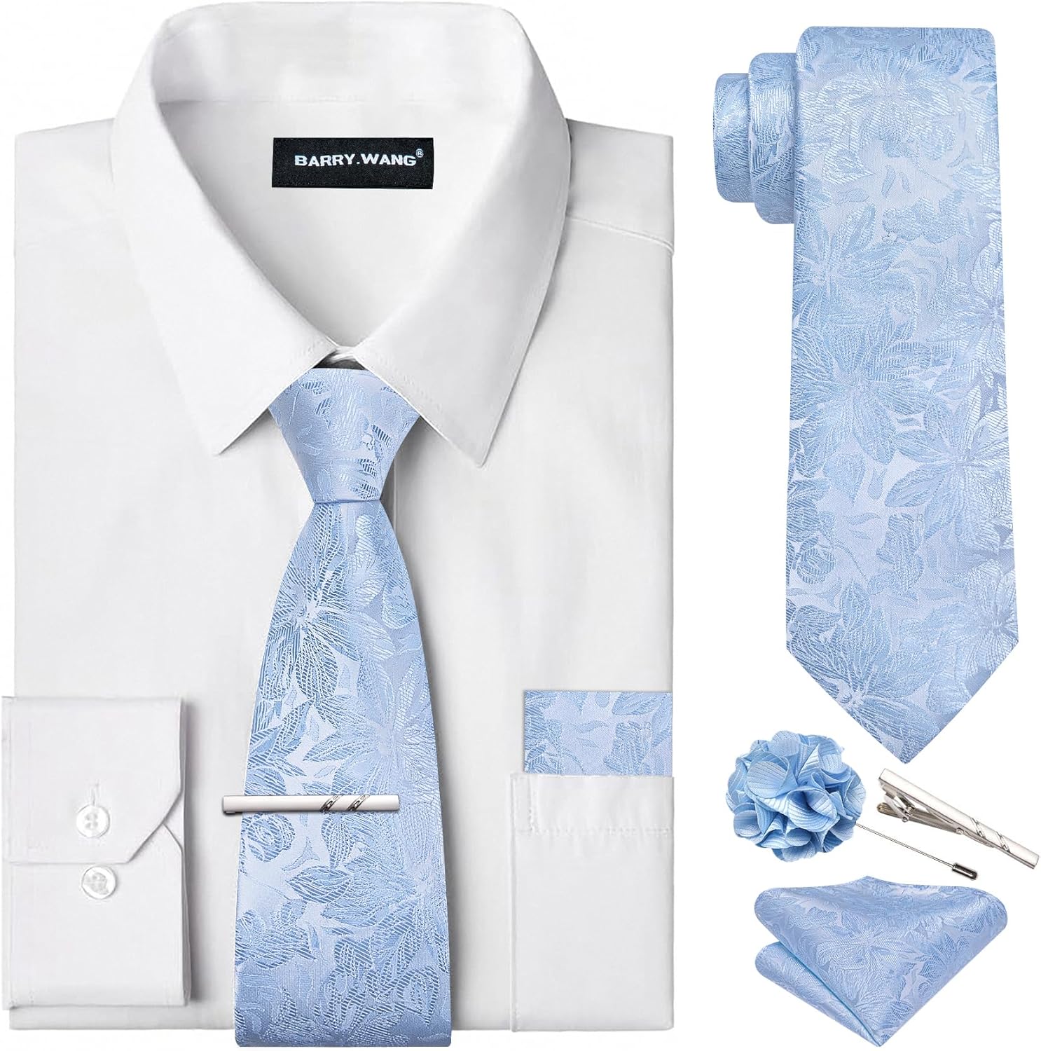 Barry.Wang Solid Colors Mens Dress Shirt and Tie Set for Events