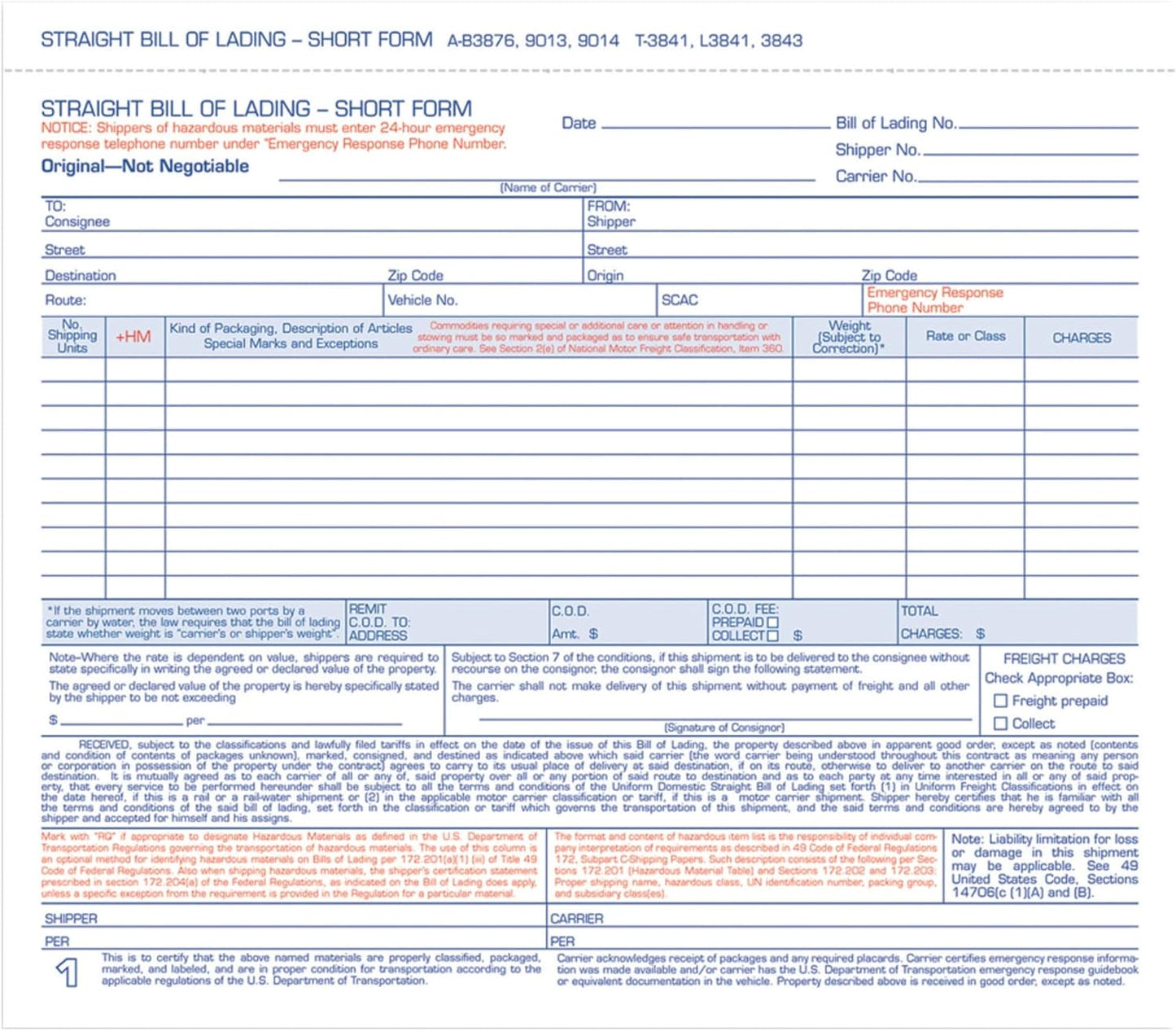 Adams Bill of Lading Short Form, 3-Part, 250-Count Forms