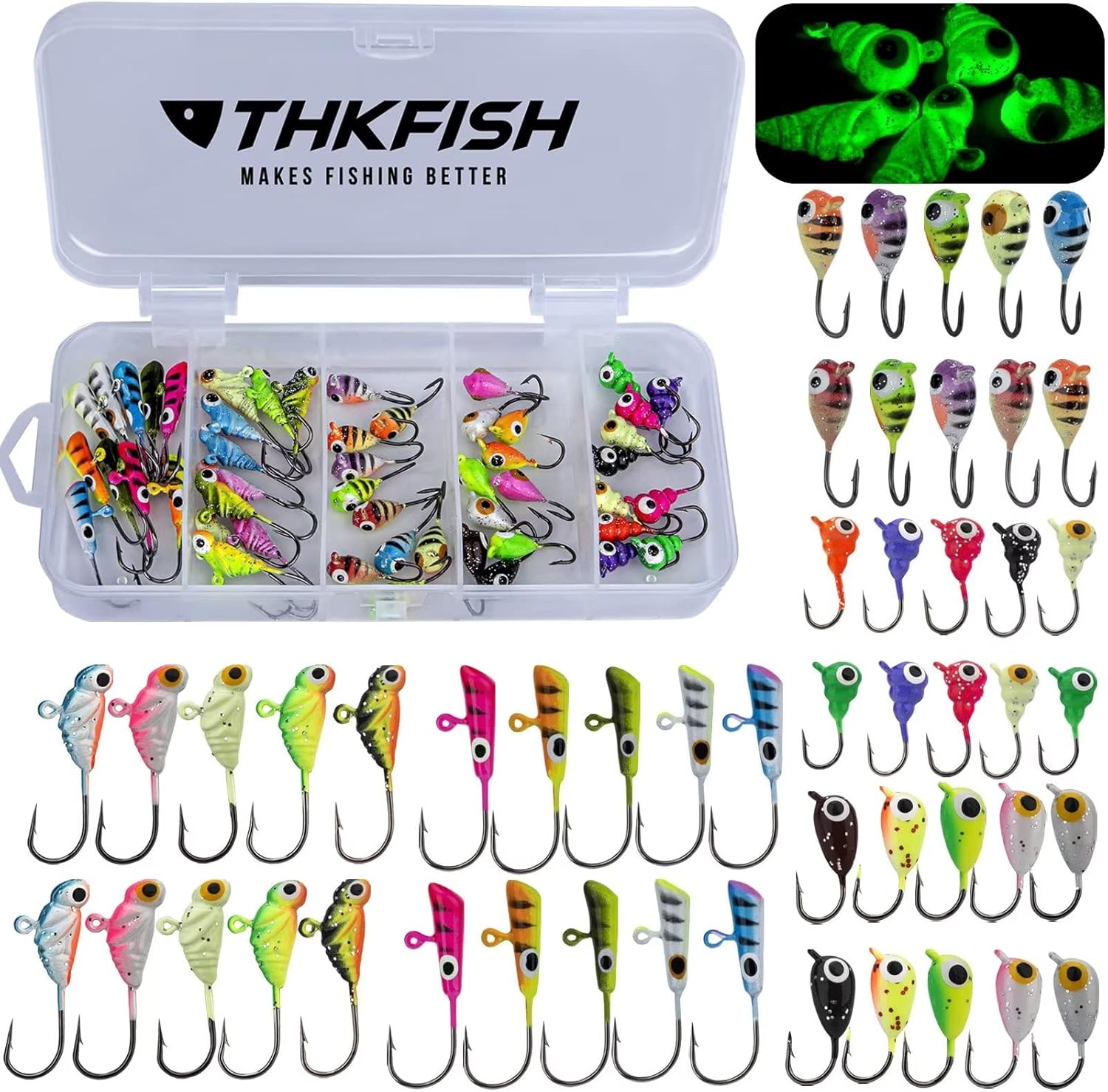 THKFISH Ice Fishing Jigs Kit - 50PCS for Targeting Walleye, Perch, Panfish