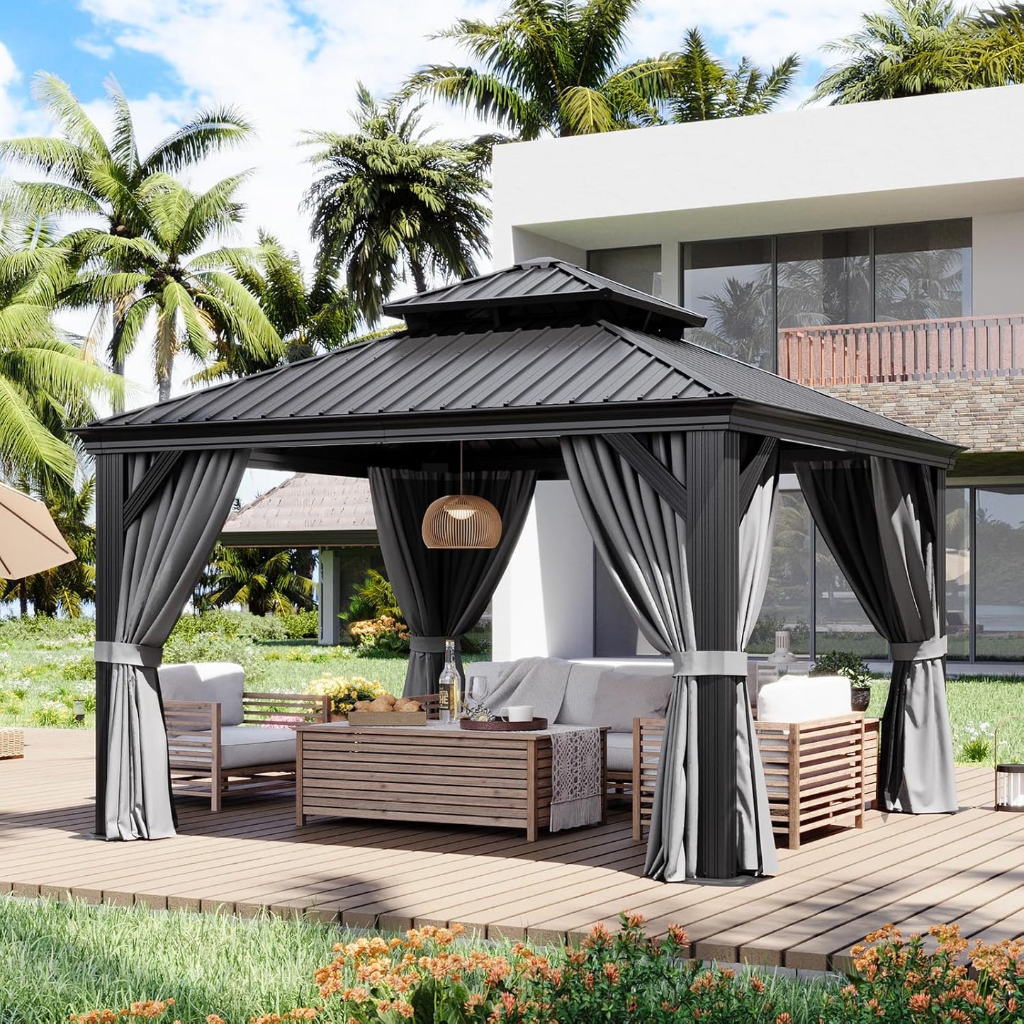 Aoxun 12ft X 12ft Hardtop Gazebo with Drainage System for Outdoors