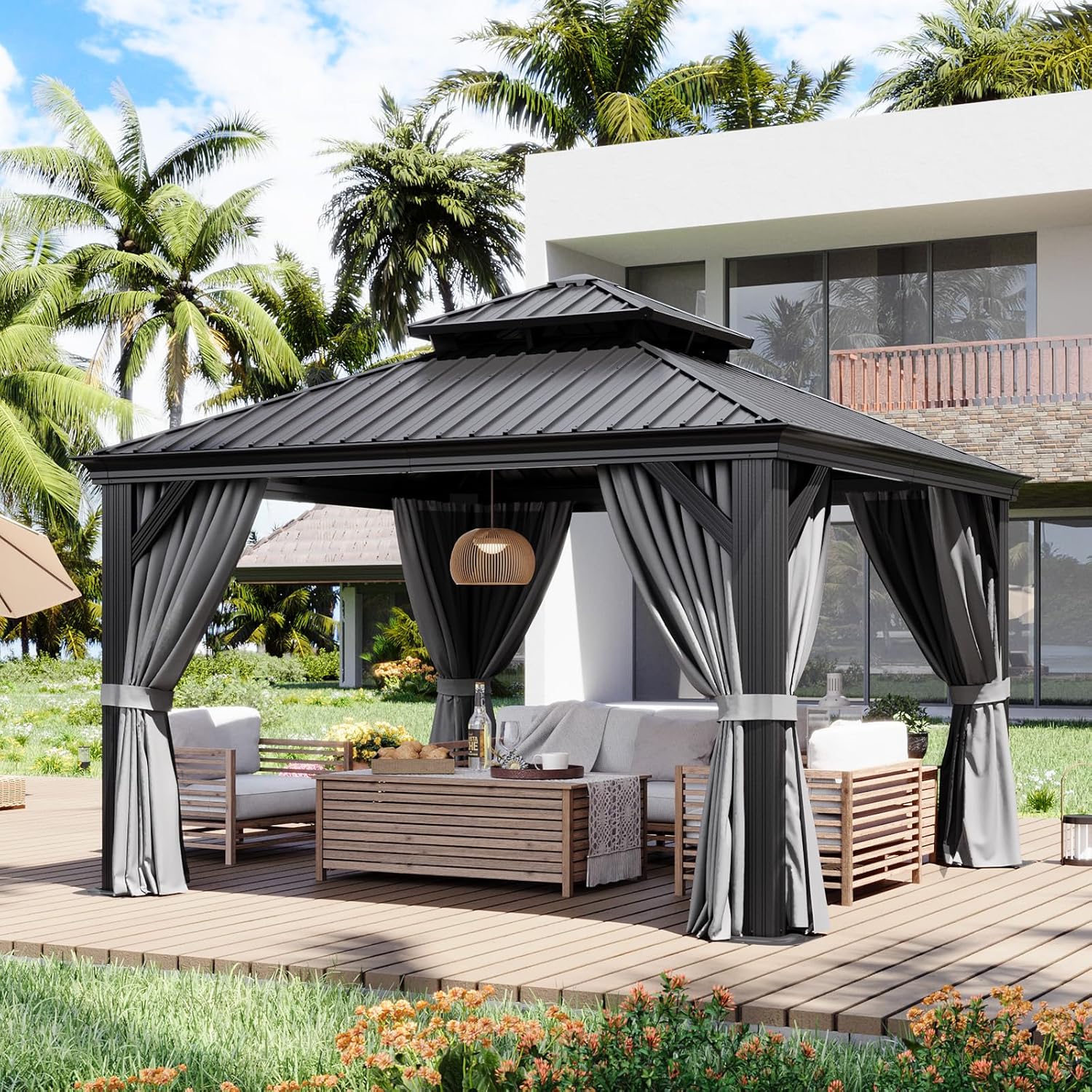 Aoxun 12ft X 12ft Hardtop Gazebo with Drainage System for Outdoors