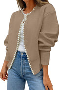 ZESICA Women's Open Front Cardigan Sweater - Pearl Trim Knit Coat