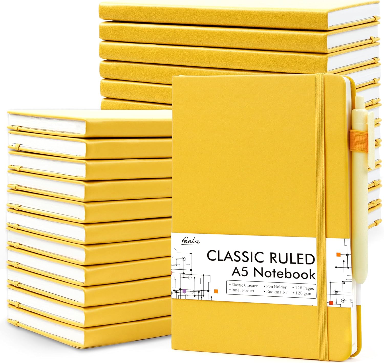 feela 24 Pack Hardcover Business Journals - 120 GSM, A5, Yellow