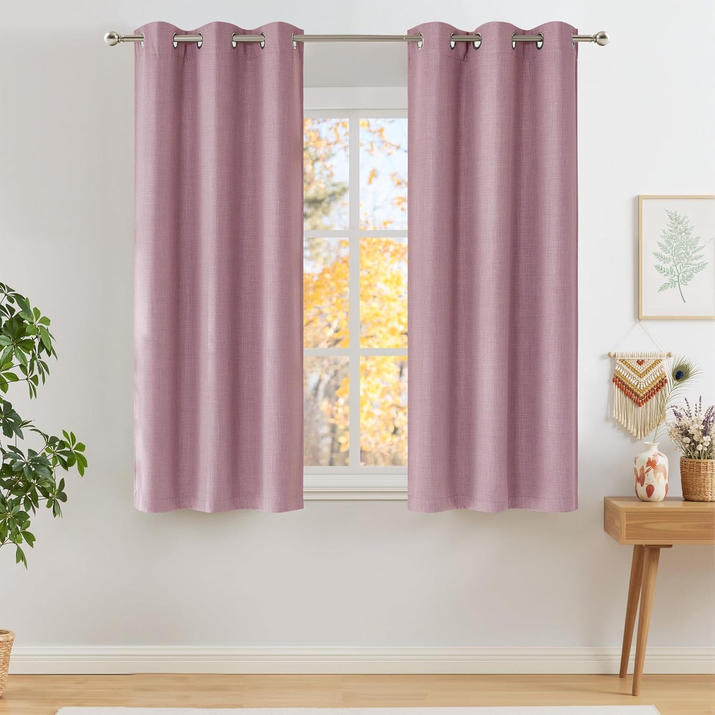 NICETOWN Short Faux Linen Pink Blackout Curtains for Home