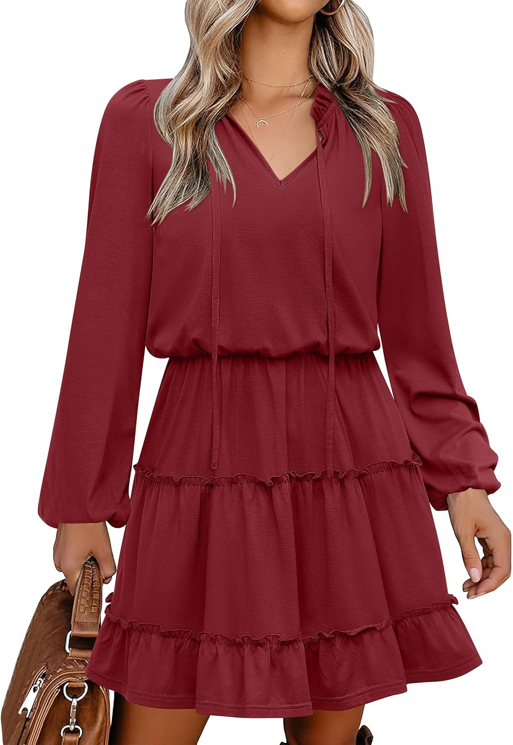 Caracilia Long Sleeve Dress for Women - Casual V Neck Style